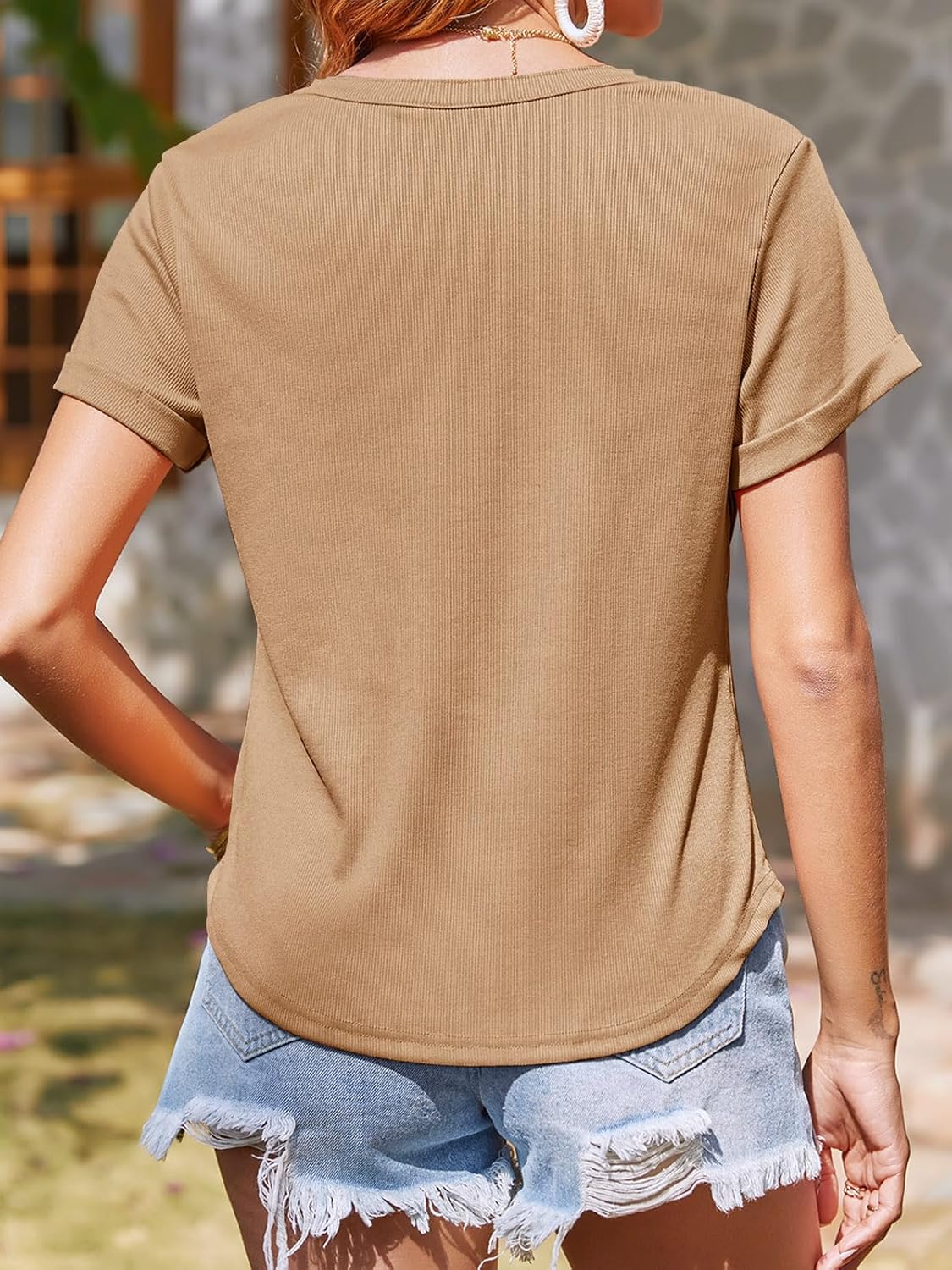 Women V Neck Low Cut Tops Casual Ribbed Knit Henley T-Shirts Summer Short Sleeve Tees