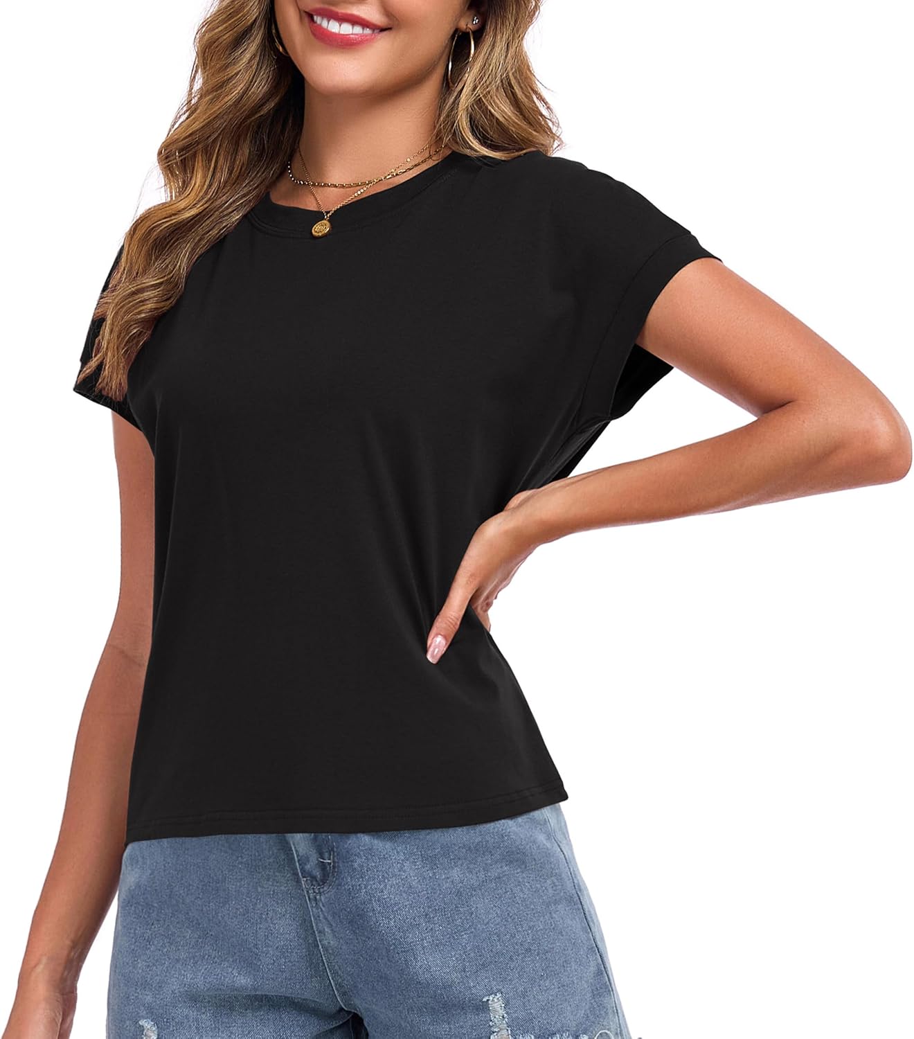 Women Cap Sleeve Crop Tops Cotton Boxy T-Shirts Loose Fit Crewneck Tee Short Sleeves Tank Summer Casual Fashion