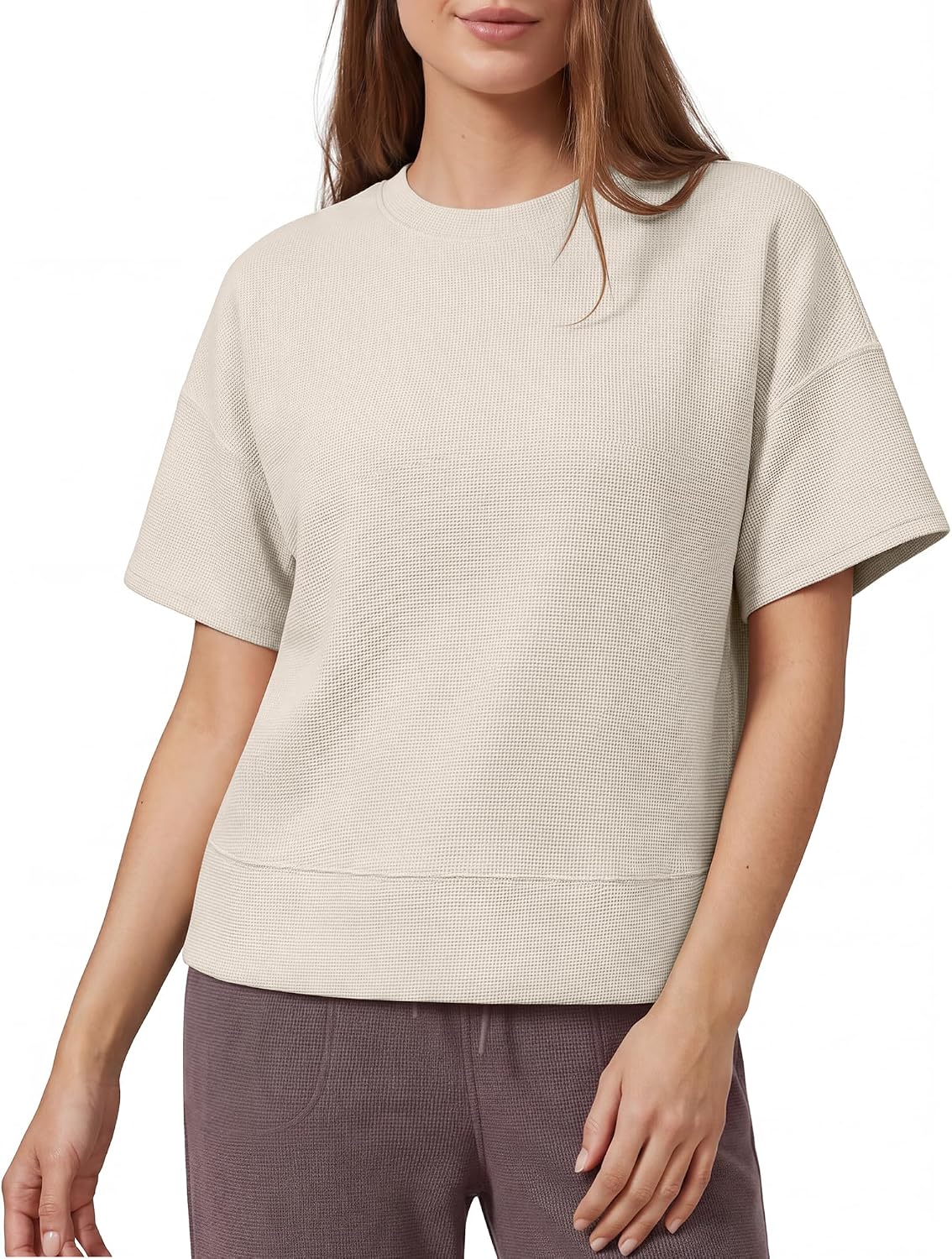 Breathable Waffle Knit T-Shirts Women-Soft Short Sleeve Tops Casual Basic Tees Crewneck Loose Fit Lounge Summer