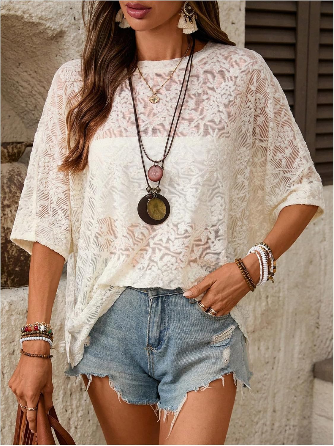 Women's Floral Mesh Tops Short Sleeve Crew Neck See Through T Shirts Vacation Festival Outfit