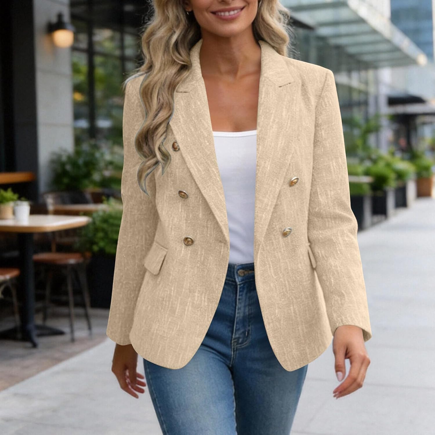 Women's Double Breasted Blazer Slim Fit Long Sleeve Open Front Jacket with Pockets Business Casual Work Suit