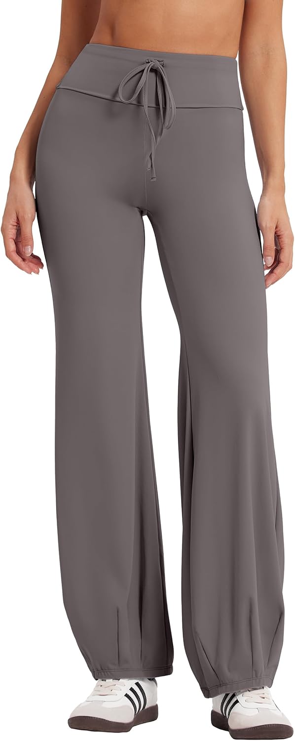 Women Wide Leg Yoga Pants Bubble Hem Fold Over Waist Drawstring Studio Pilates Workout Pants