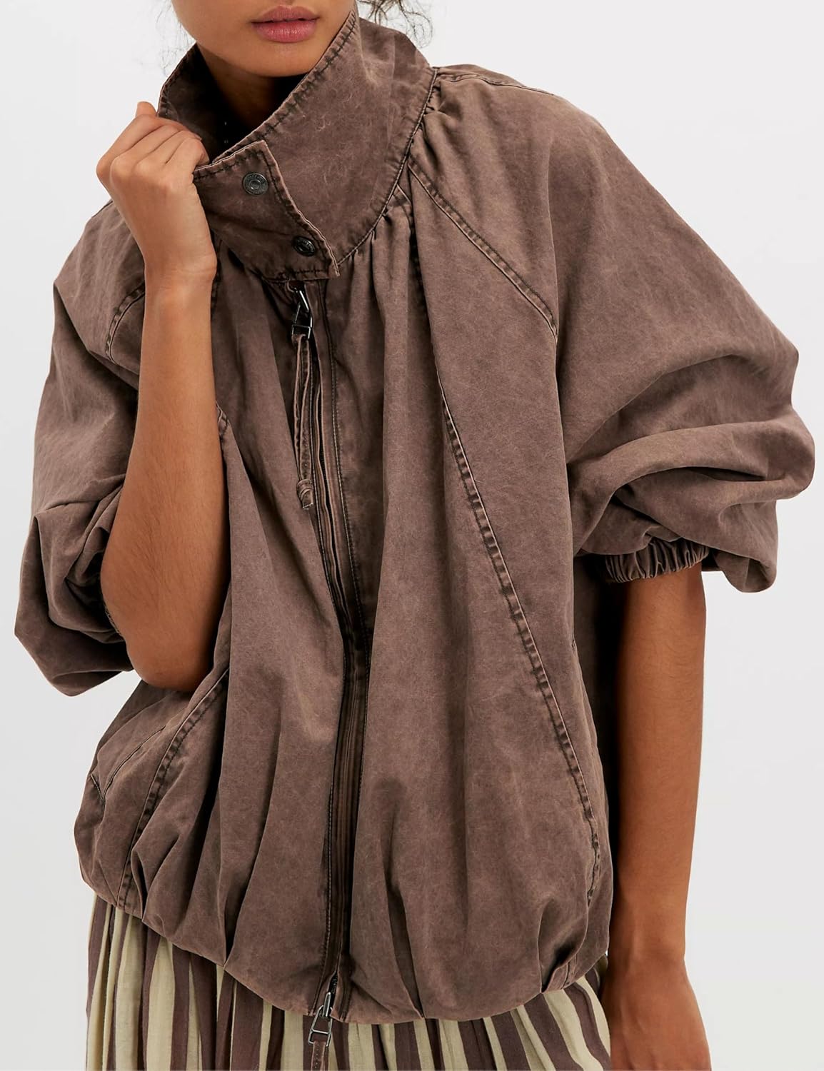 Womens Funnel Neck Jacket Casual Spring Fall Outfit Oversized Zip Up Coat Outerwear with Pockets