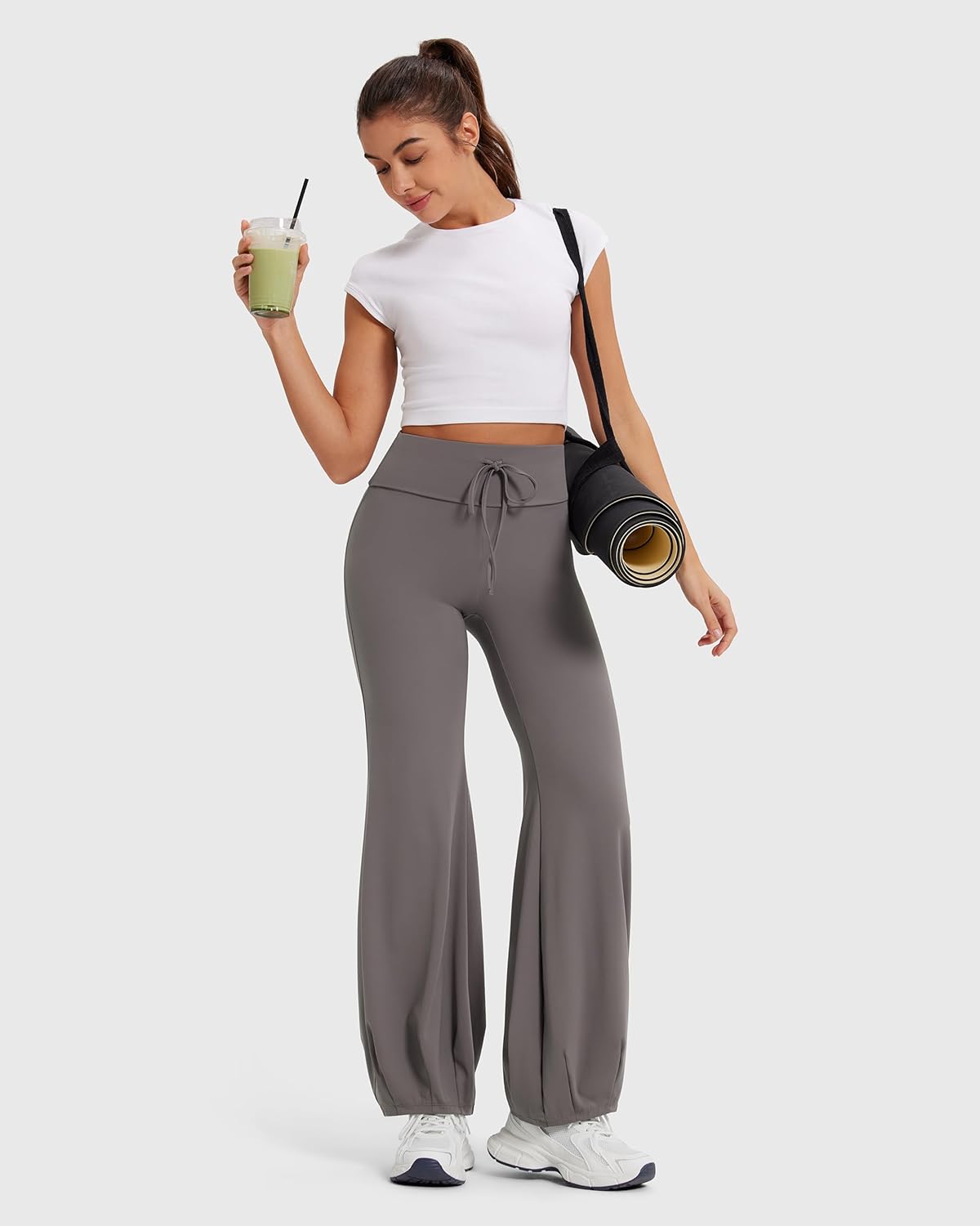 Women Wide Leg Yoga Pants Bubble Hem Fold Over Waist Drawstring Studio Pilates Workout Pants