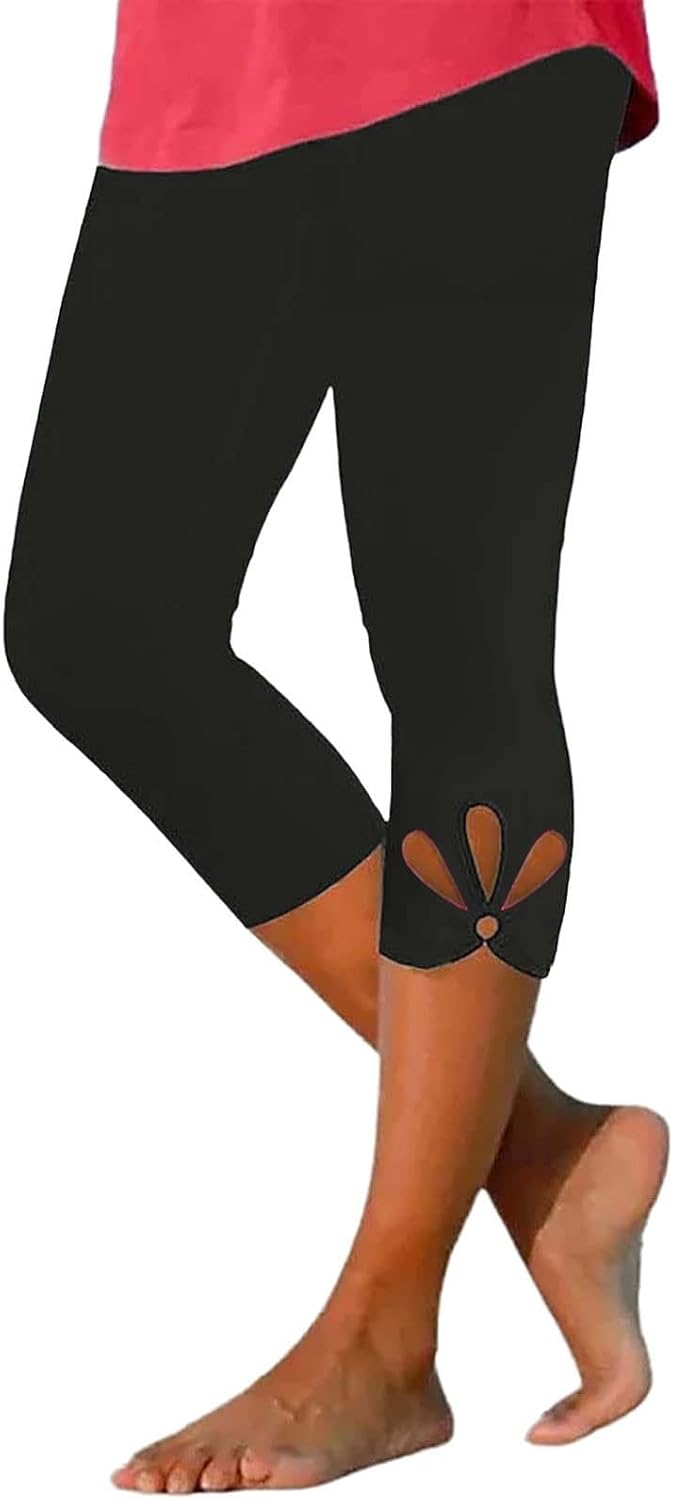 Teardrop Cutout Capri Leggings for Women High Waist Stretch Cropped Pants Soft Leggings Pack Sweatpants Style