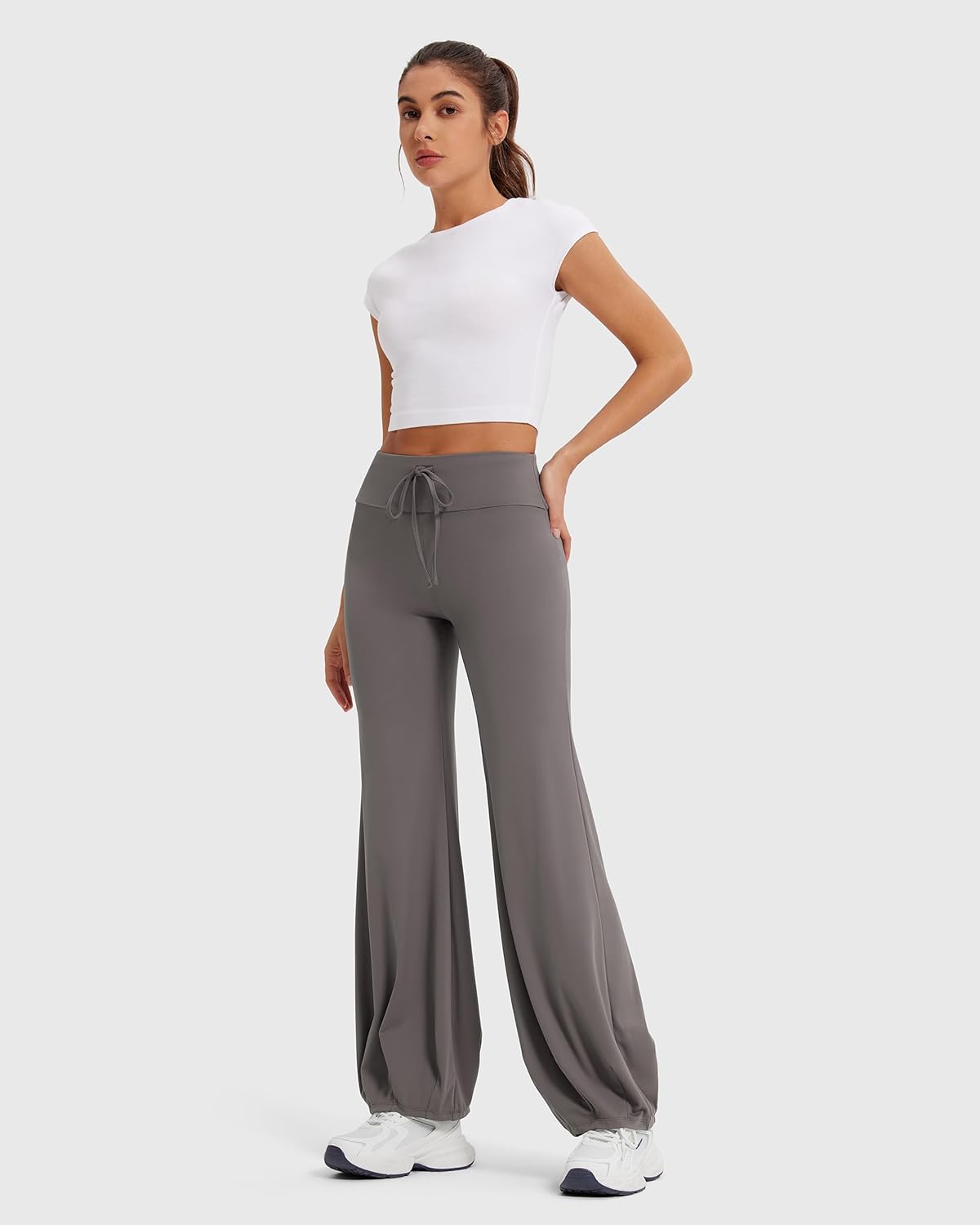 Women Wide Leg Yoga Pants Bubble Hem Fold Over Waist Drawstring Studio Pilates Workout Pants