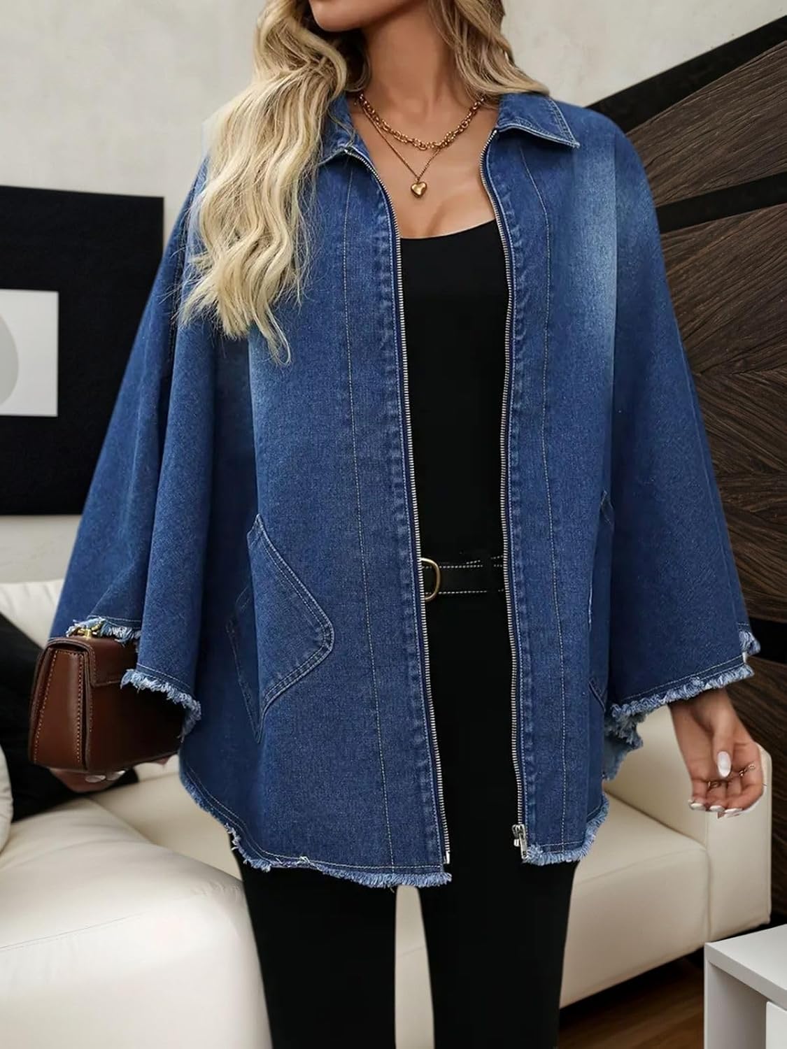 Women's Oversized Cape Jackets Collared Zip Up Frayed Raw Jean Coat Casual Loose Fit Tunic Top