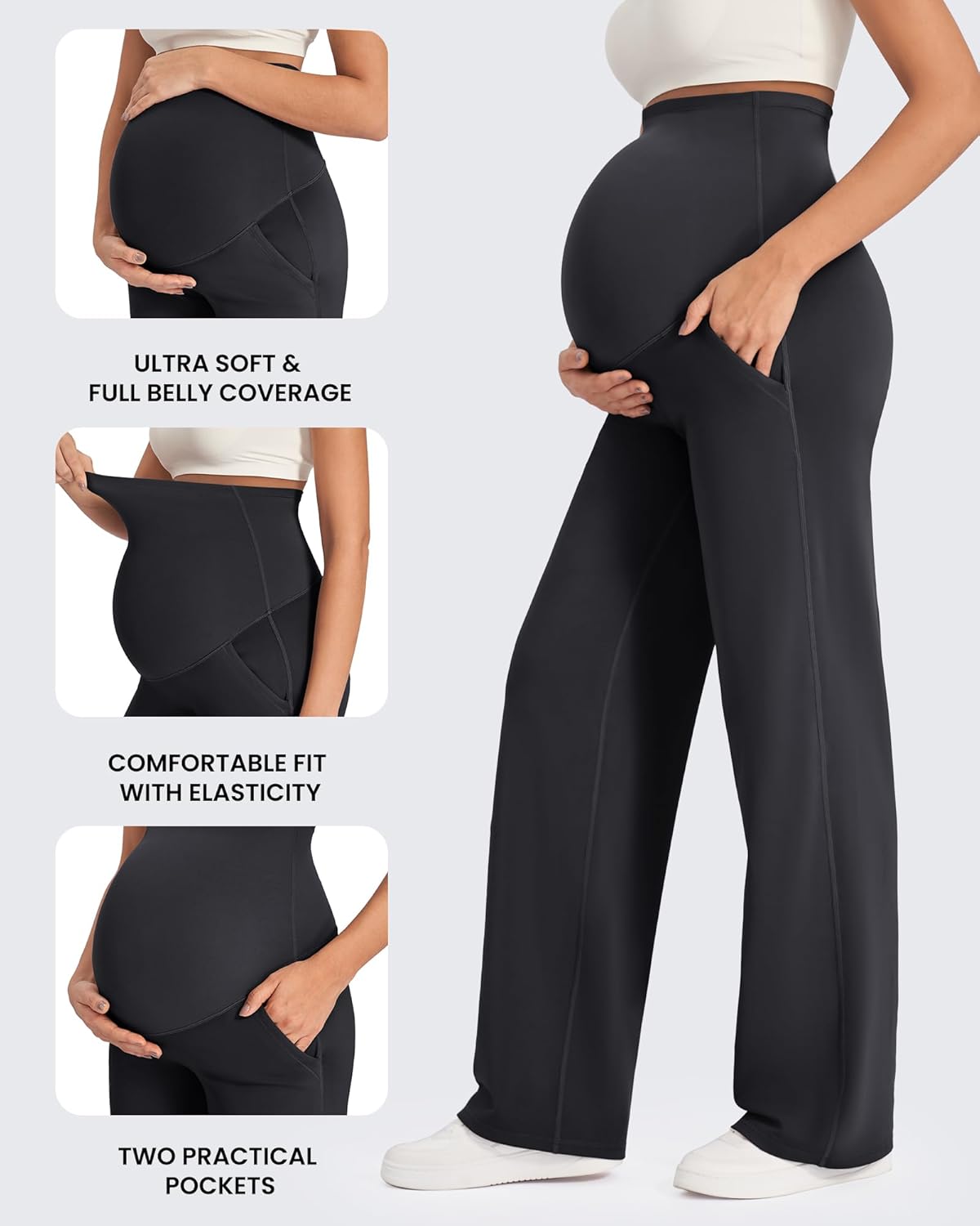 Maternity Pants Over the Belly Yoga Dress Work Stretchy Lounge Pregnancy Wide Leg Trousers with Pockets