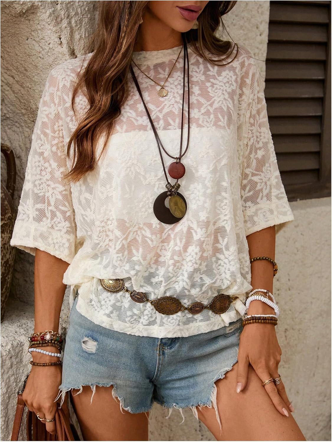 Women's Floral Mesh Tops Short Sleeve Crew Neck See Through T Shirts Vacation Festival Outfit