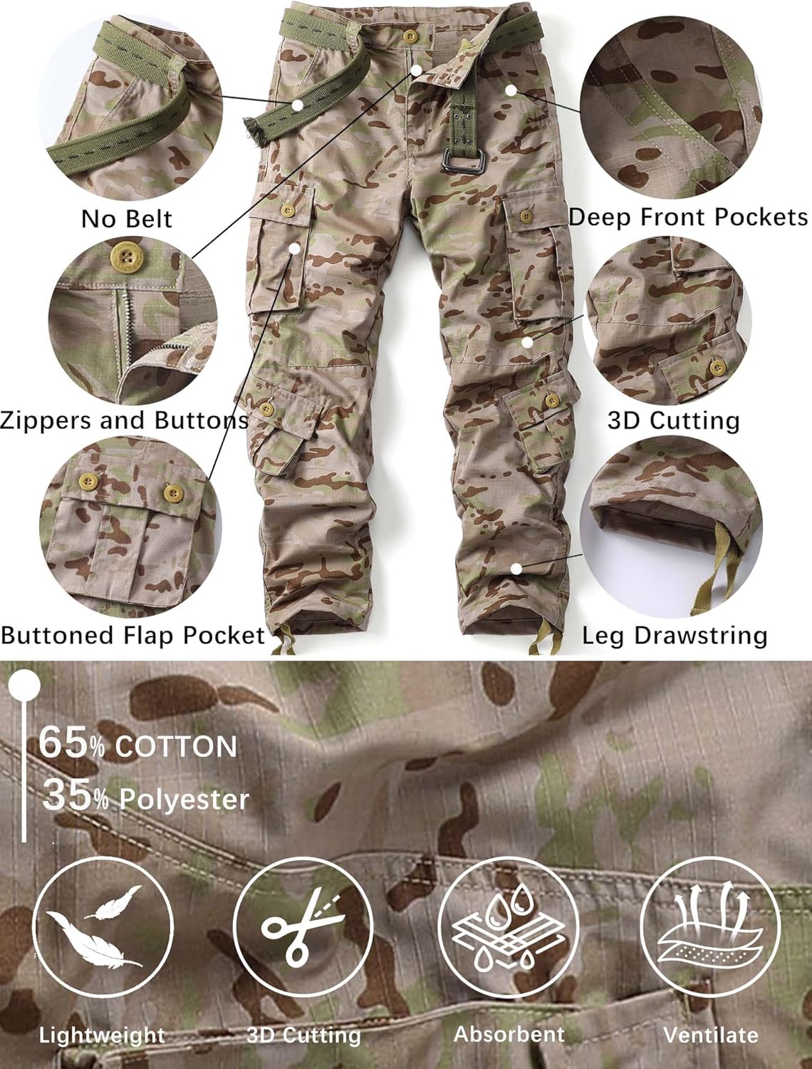 Men's Camo Cargo Work Pants Ripstop Lightweight Wild Army Military BDU Outdoor Trousers with 8 Pocktets No Belt Men's Camo Cargo Work Pants Ripstop Lightweight Wild Army Military BDU Outdoor Trousers with 8 Pocktets No Belt