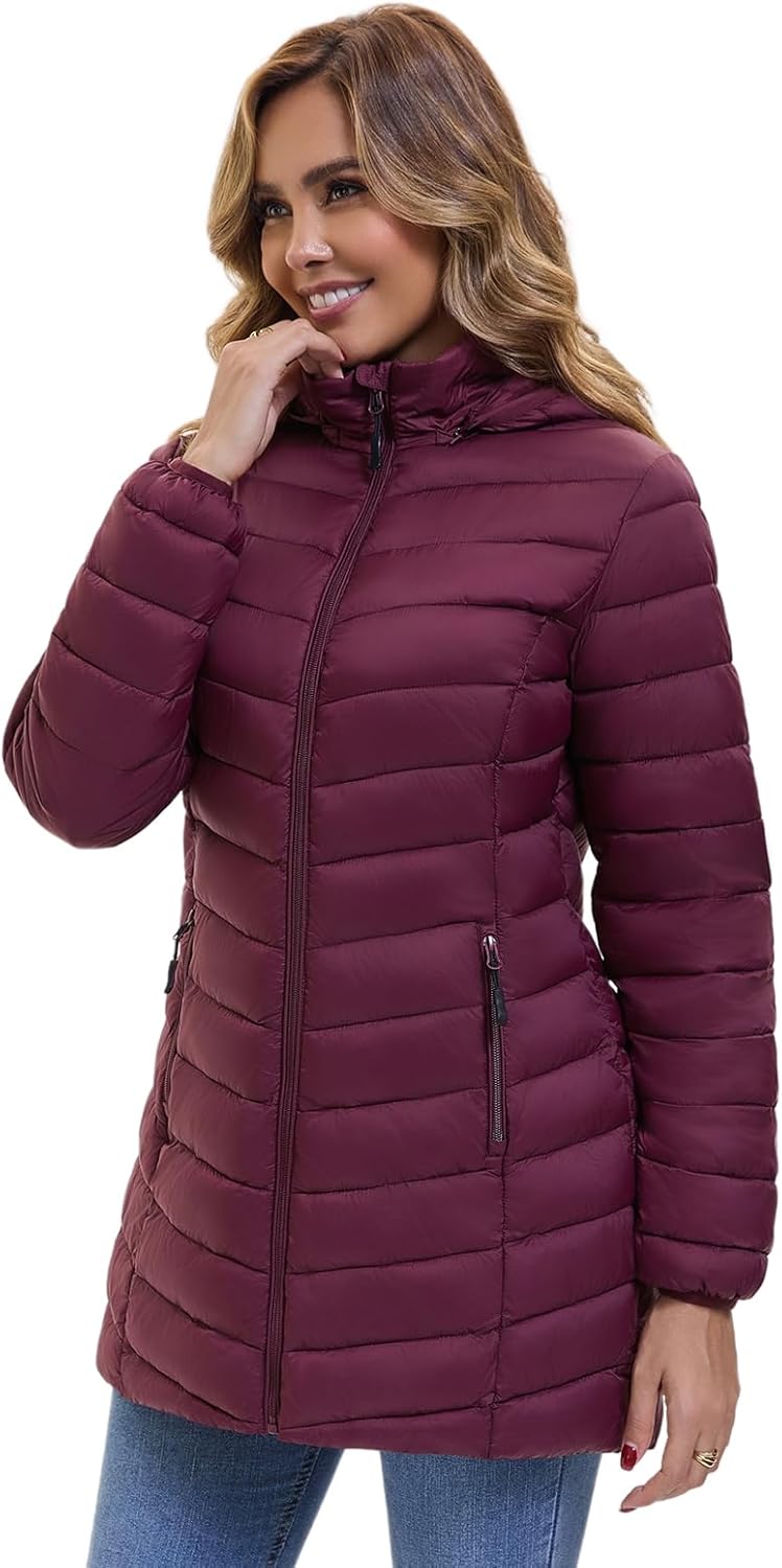 Women's Packable Winter Puffer Jacket Lightweight Hooded Puffer Coat Quilted Mid-Length Coat with Detachable Hood