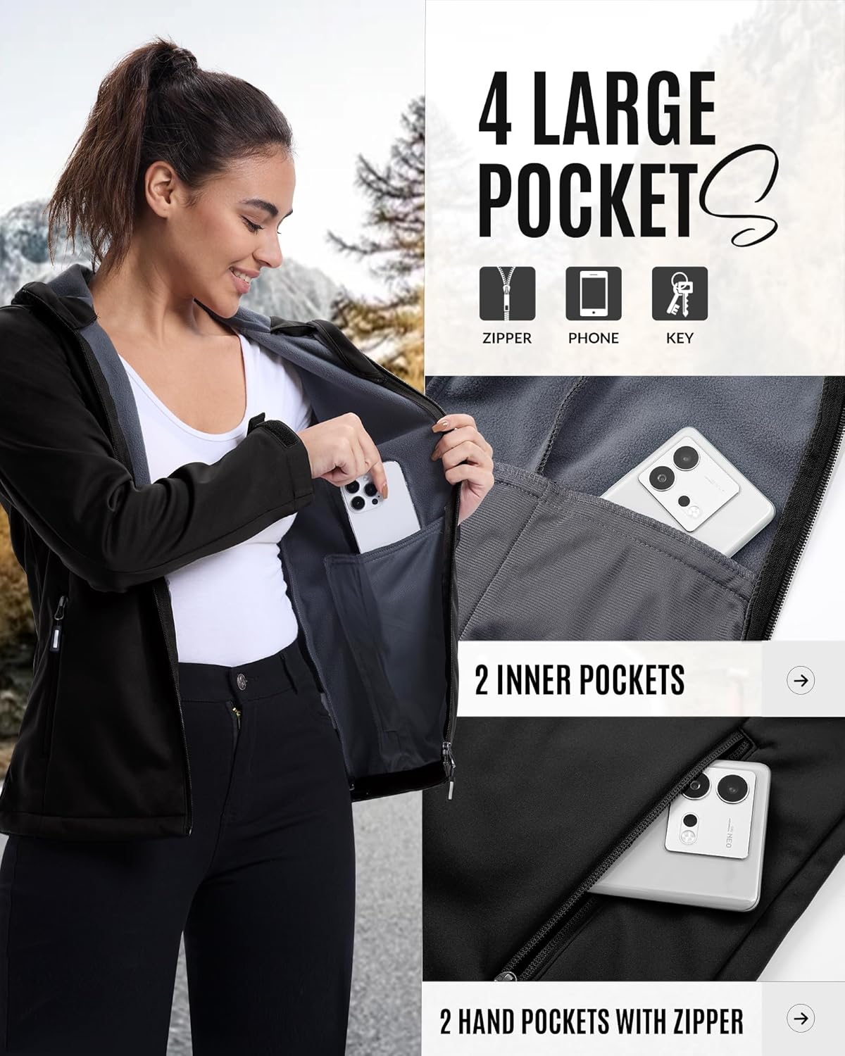Women's Softshell Jacket Waterproof Warm Fleece Lined Lightweight Windproof Hooded Insulated Windbreaker