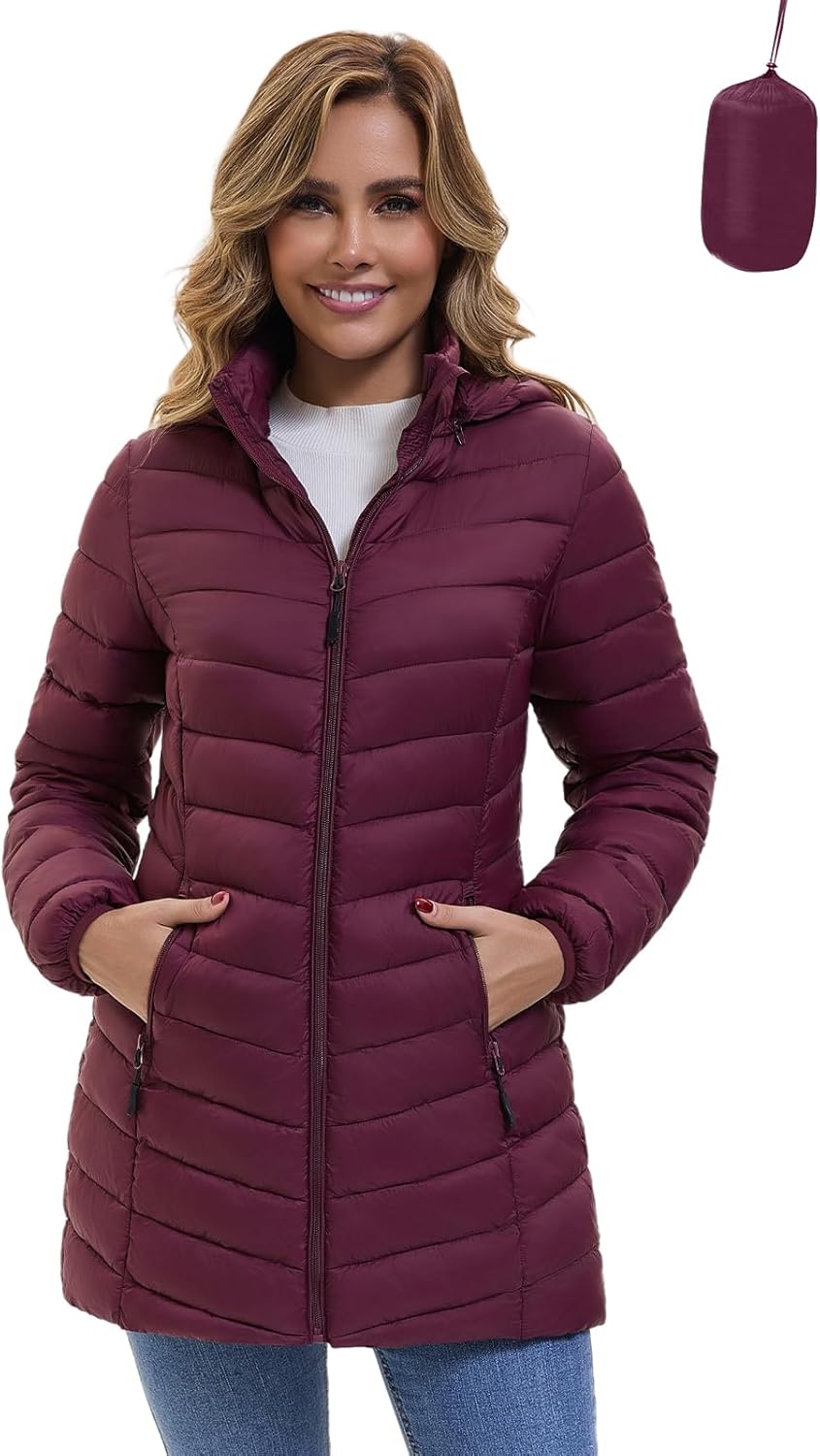 Women's Packable Winter Puffer Jacket Lightweight Hooded Puffer Coat Quilted Mid-Length Coat with Detachable Hood