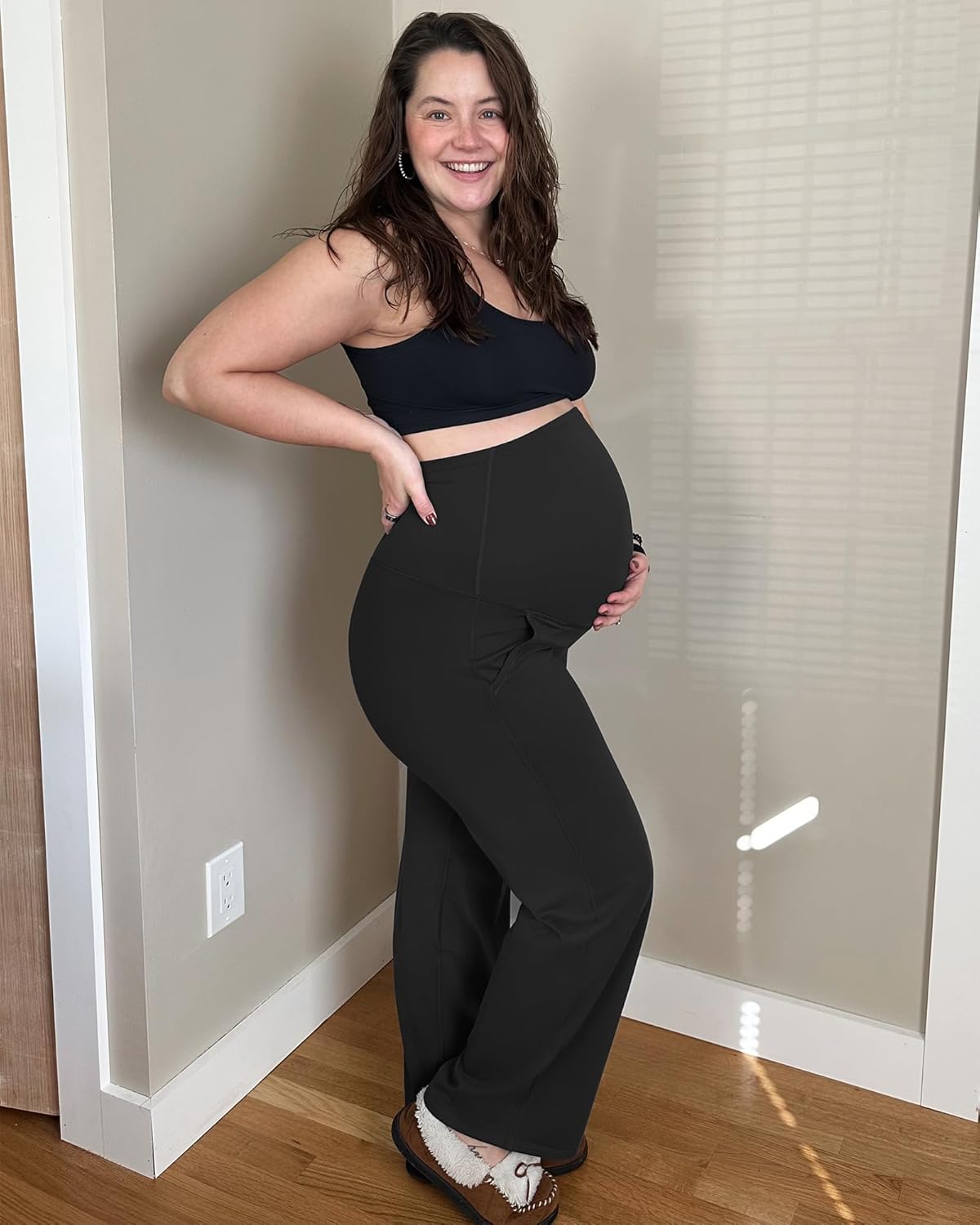 Maternity Pants Over the Belly Yoga Dress Work Stretchy Lounge Pregnancy Wide Leg Trousers with Pockets