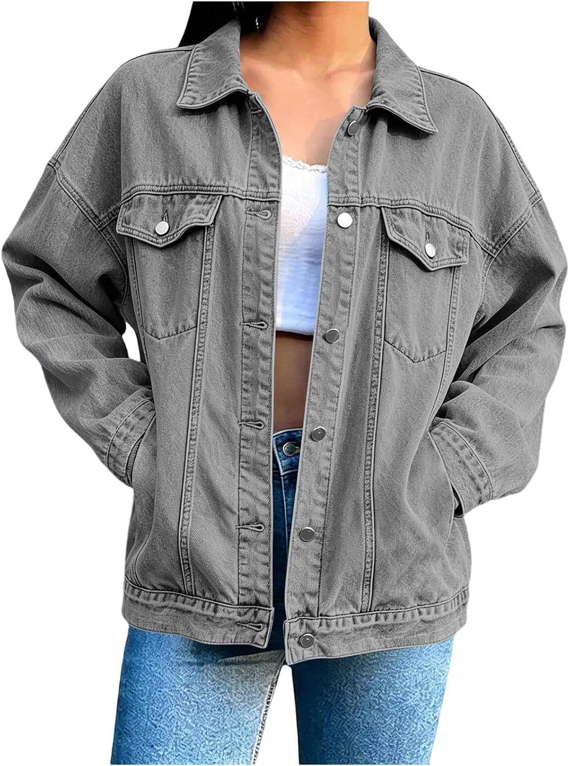 Women's Jacket Casual Long Sleeve Button Stretch Jean Jeackt | Soft washed fabric,Chest flap pockets side pockets,Drop shoulder loose oversized fit,Spring fall casual daily outerwear Women's Jacket Casual Long Sleeve Button Stretch Jean Jeackt | Soft washed fabric,Chest flap pockets side pockets,Drop shoulder loose oversized fit,Spring fall casual daily outerwear