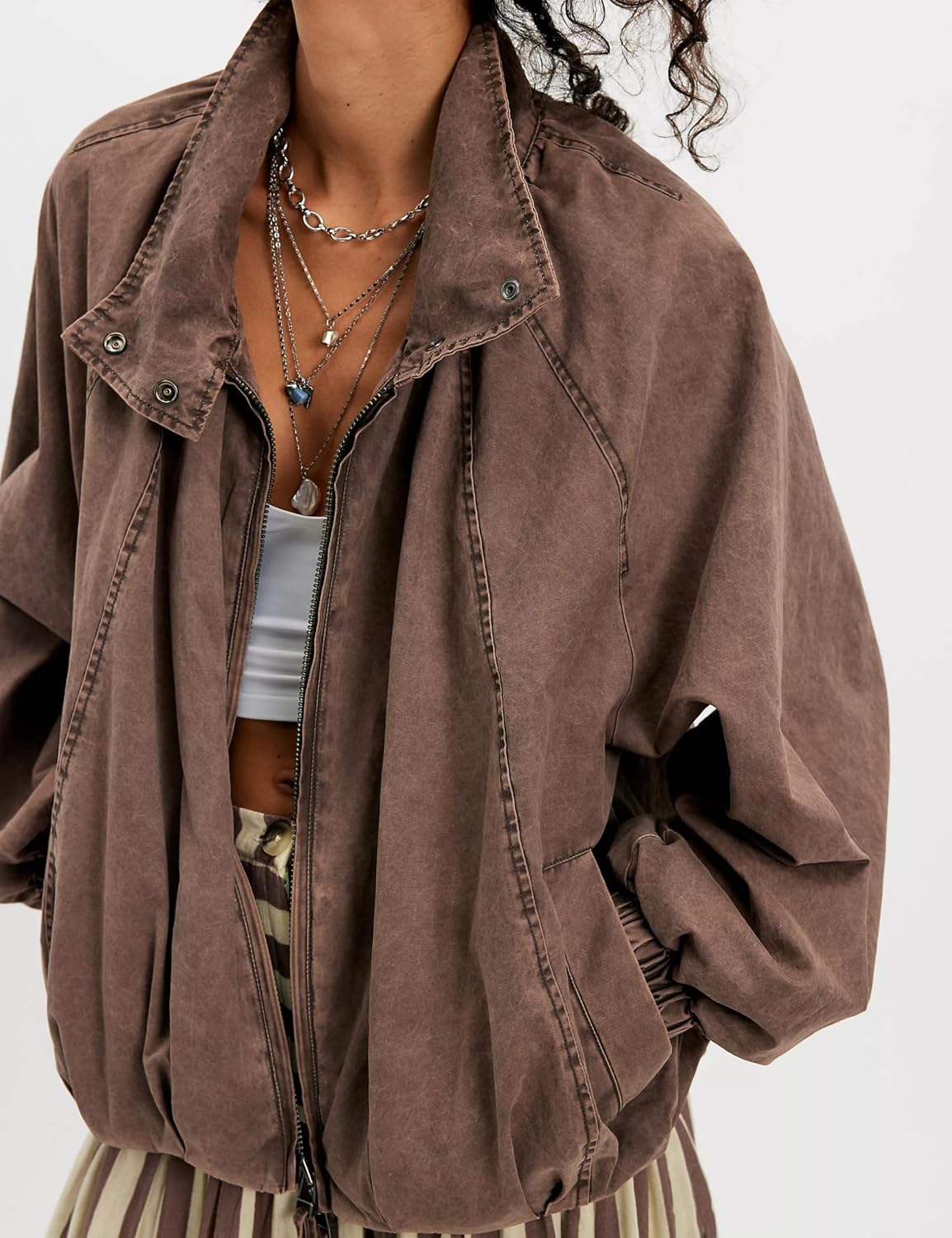 Womens Funnel Neck Jacket Casual Spring Fall Outfit Oversized Zip Up Coat Outerwear with Pockets
