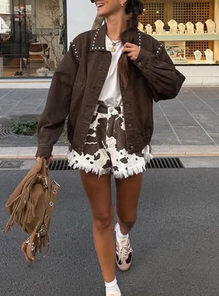 Women Fall Y2K Studded Oversized Jean Jacket Western Distressed Casual Bomber Jacket