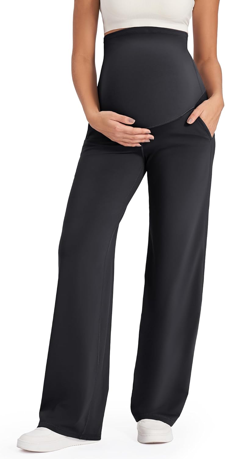 Maternity Pants Over the Belly Yoga Dress Work Stretchy Lounge Pregnancy Wide Leg Trousers with Pockets