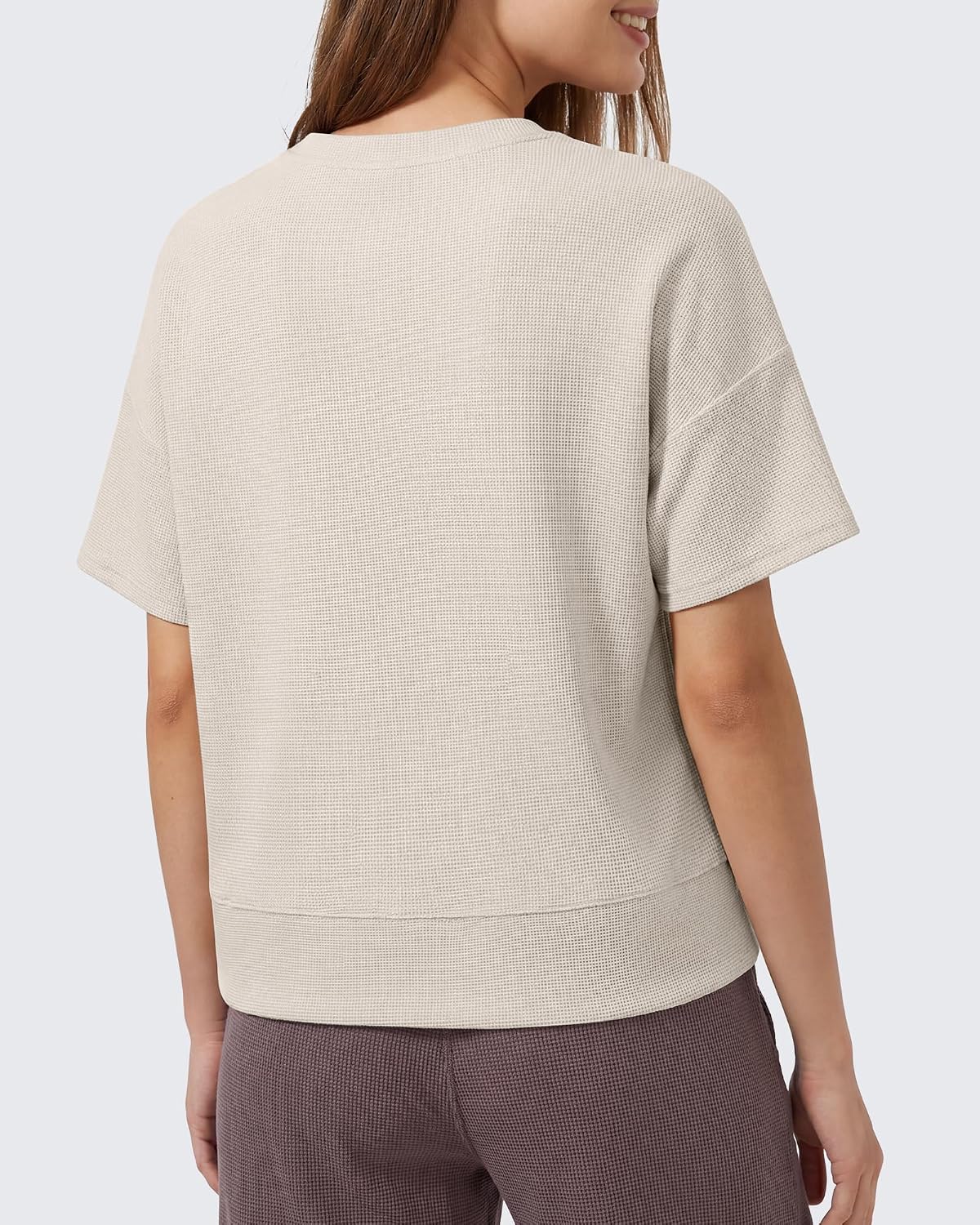 Breathable Waffle Knit T-Shirts Women-Soft Short Sleeve Tops Casual Basic Tees Crewneck Loose Fit Lounge Summer