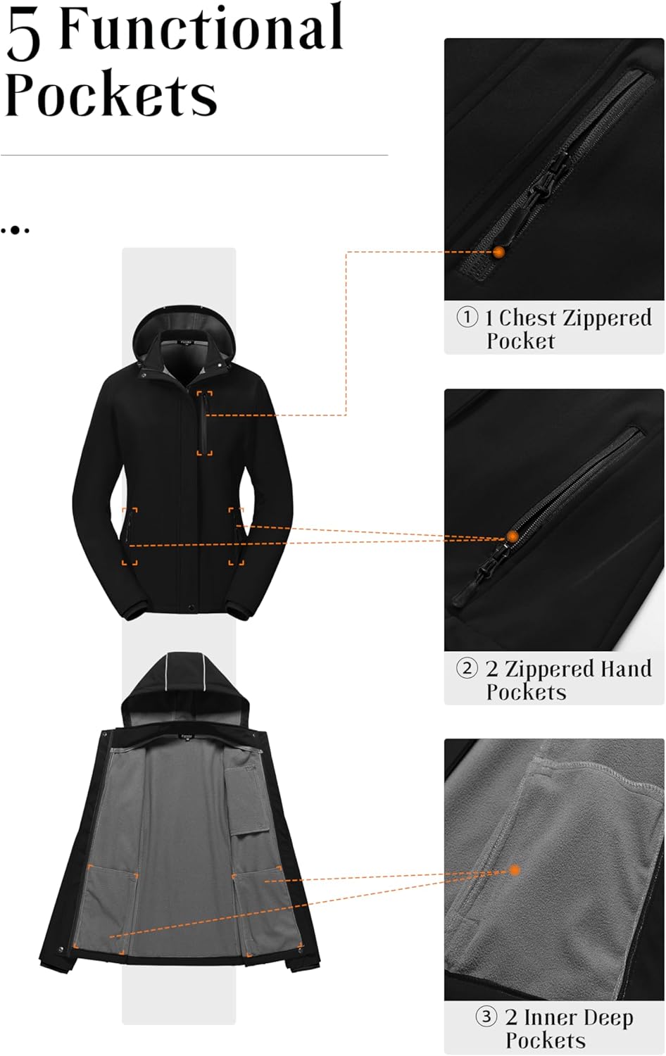 Women's Softshell Jacket Lightweight Fleece Lined Rain Jacket Waterproof Warm Windbreaker Coat With Removable Hood