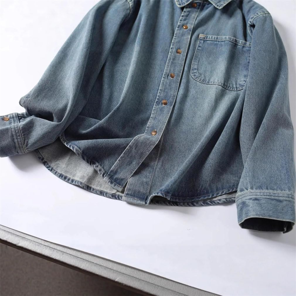 Womens Washed Shirt Jacket Button Up Long Sleeve Layering Top Casual Everyday Style