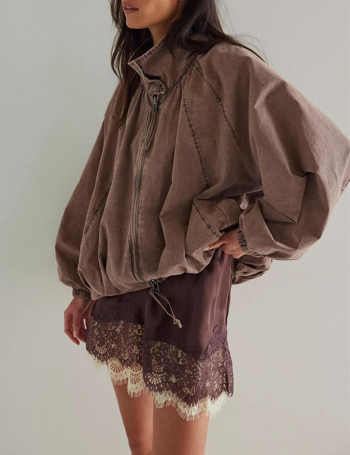 Womens Funnel Neck Jacket Casual Spring Fall Outfit Oversized Zip Up Coat Outerwear with Pockets