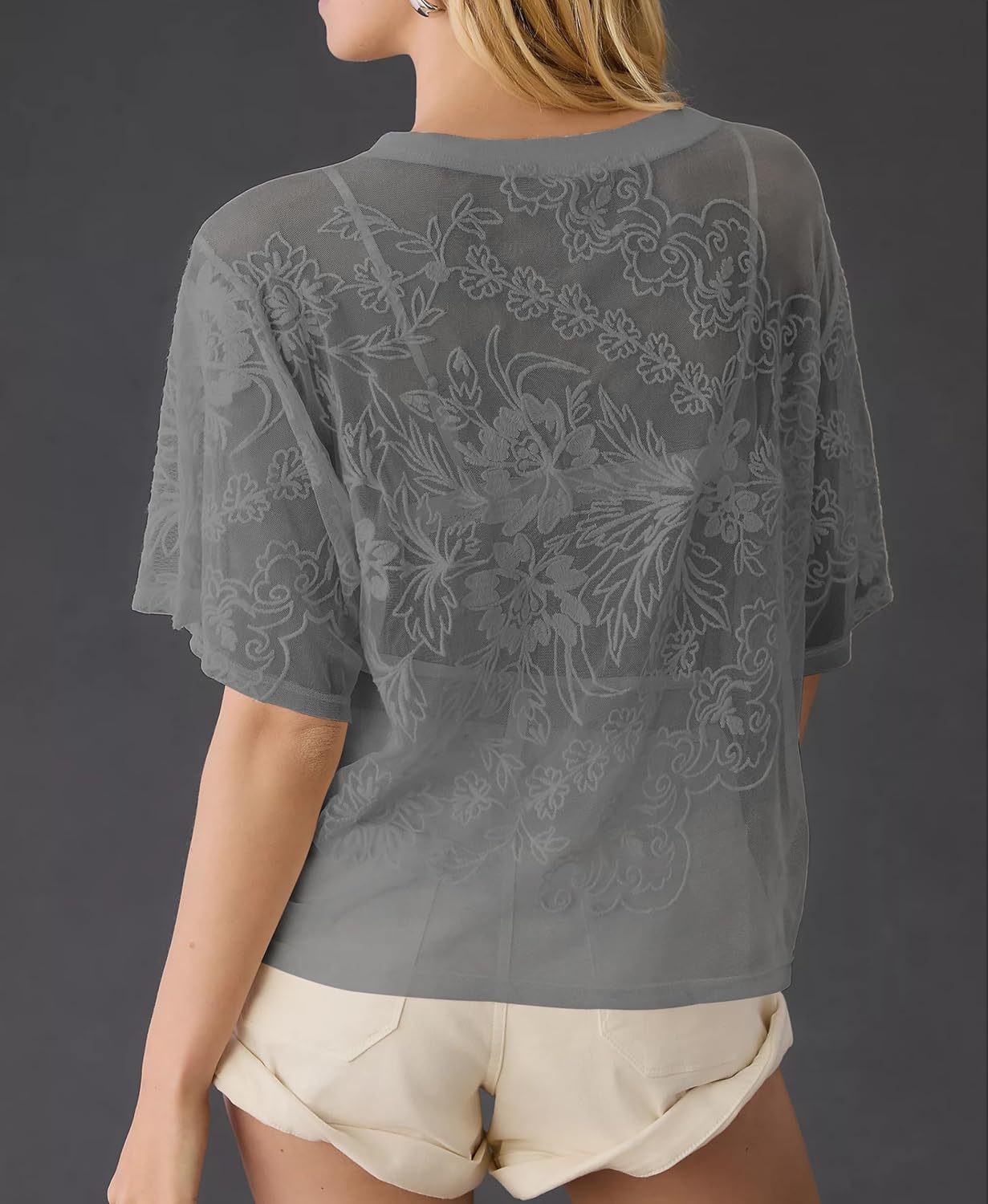 Lace Tops for Women Sexy Short Sleeve Mesh Tops Embroidered Sheer Lace T-Shirts See Through Blouse