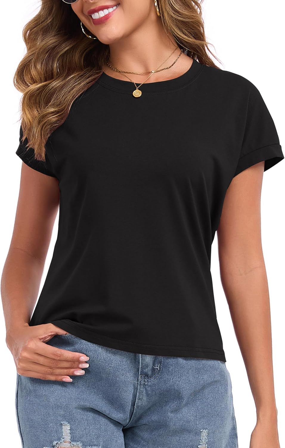 Women Cap Sleeve Crop Tops Cotton Boxy T-Shirts Loose Fit Crewneck Tee Short Sleeves Tank Summer Casual Fashion