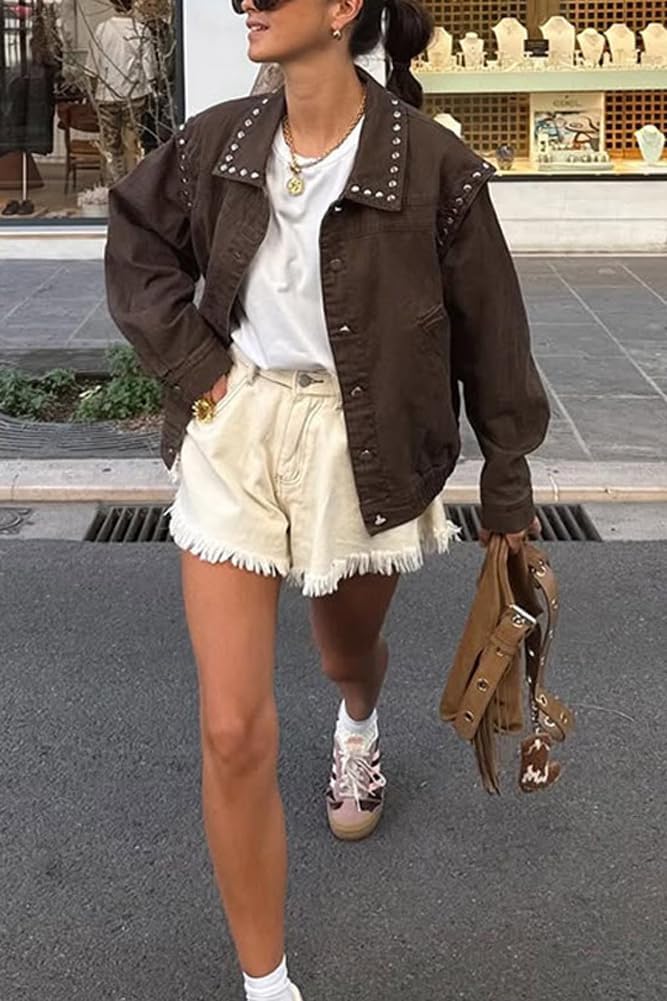 Women Fall Y2K Studded Oversized Jean Jacket Western Distressed Casual Bomber Jacket