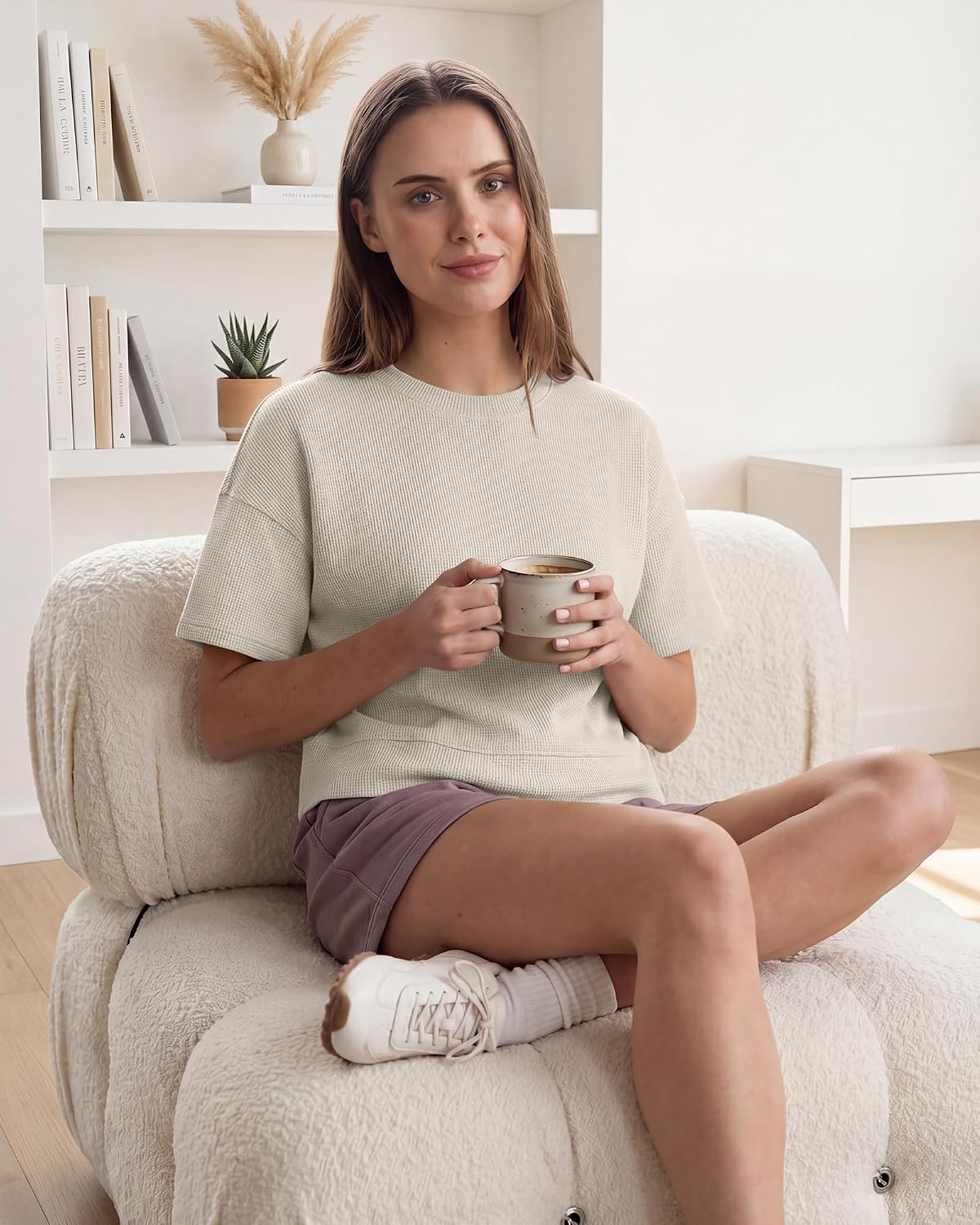 Breathable Waffle Knit T-Shirts Women-Soft Short Sleeve Tops Casual Basic Tees Crewneck Loose Fit Lounge Summer