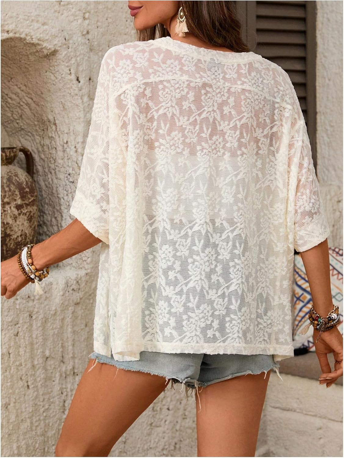 Women's Floral Mesh Tops Short Sleeve Crew Neck See Through T Shirts Vacation Festival Outfit