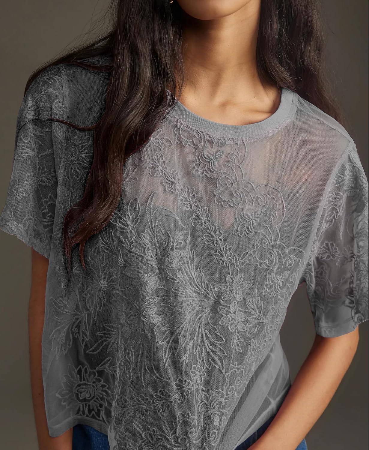 Lace Tops for Women Sexy Short Sleeve Mesh Tops Embroidered Sheer Lace T-Shirts See Through Blouse