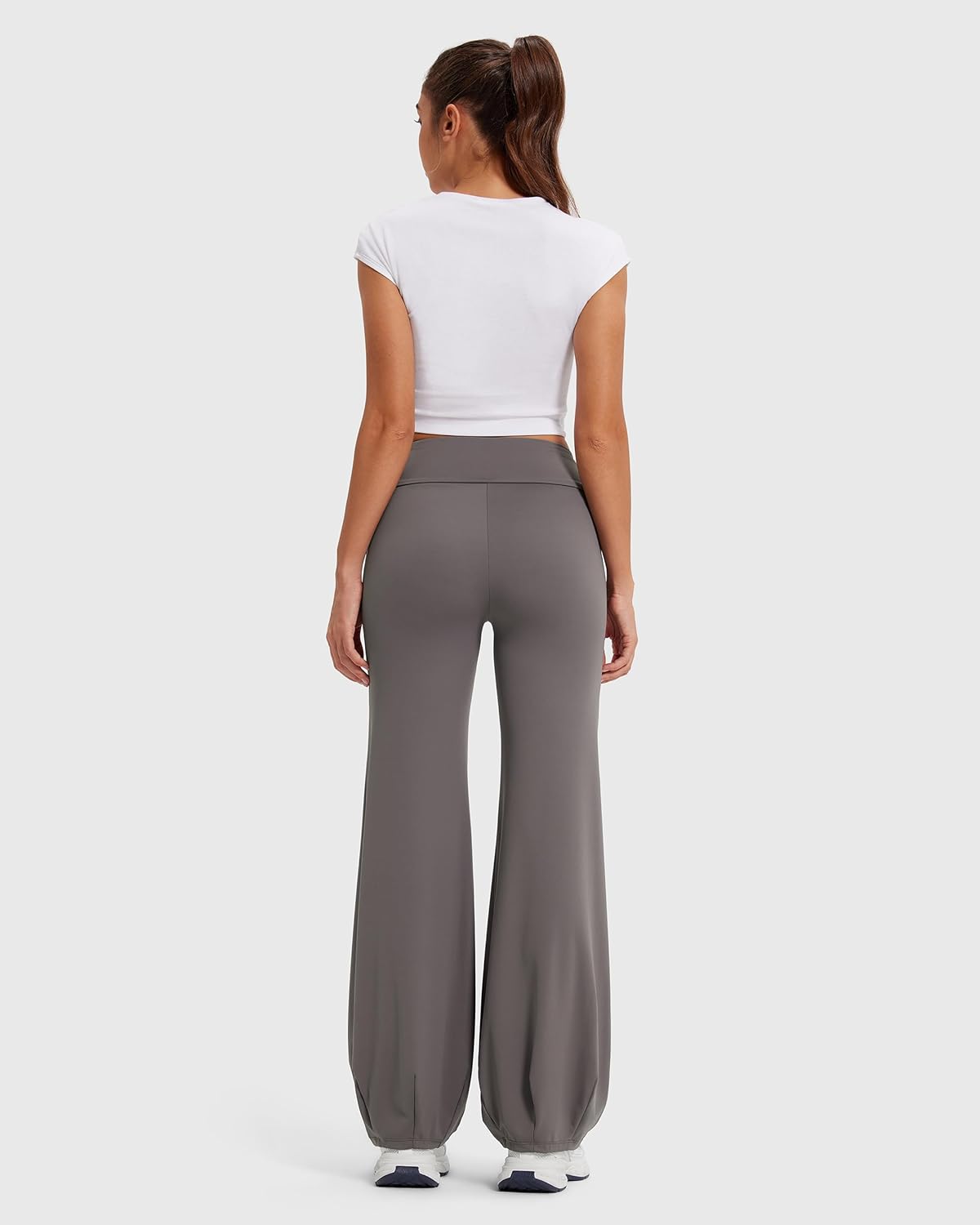Women Wide Leg Yoga Pants Bubble Hem Fold Over Waist Drawstring Studio Pilates Workout Pants