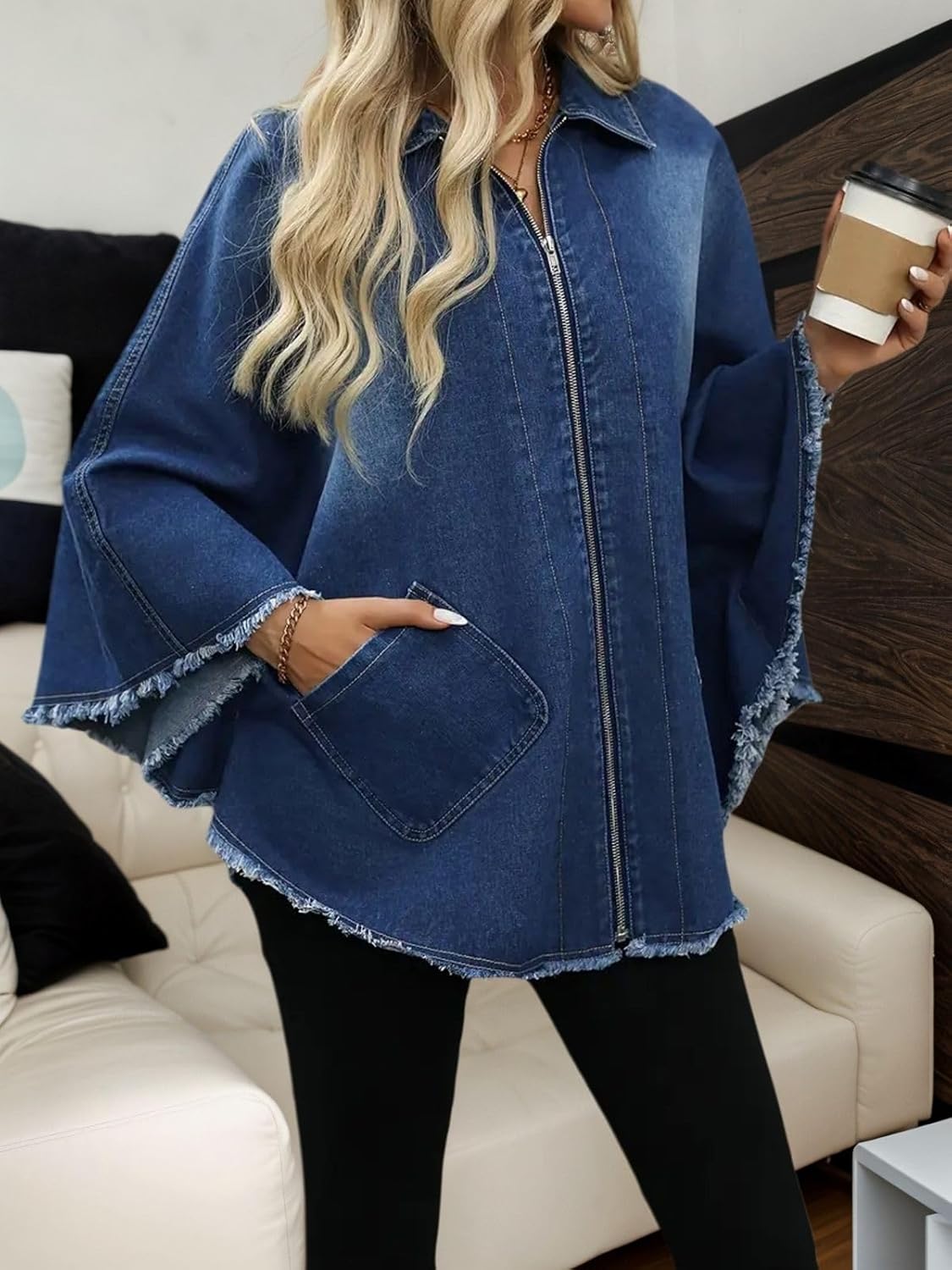Women's Oversized Cape Jackets Collared Zip Up Frayed Raw Jean Coat Casual Loose Fit Tunic Top