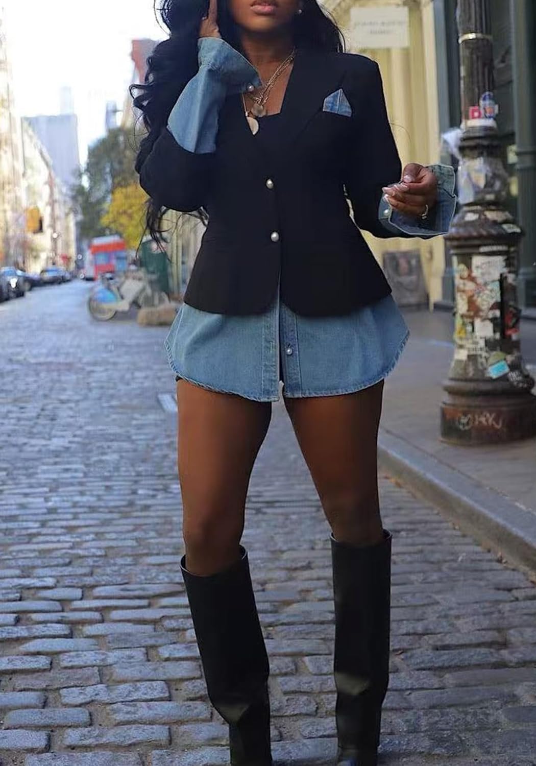 Women's Blazer Jacket Casual Patchwork Long Sleeve Top Open Front Jean Jackets