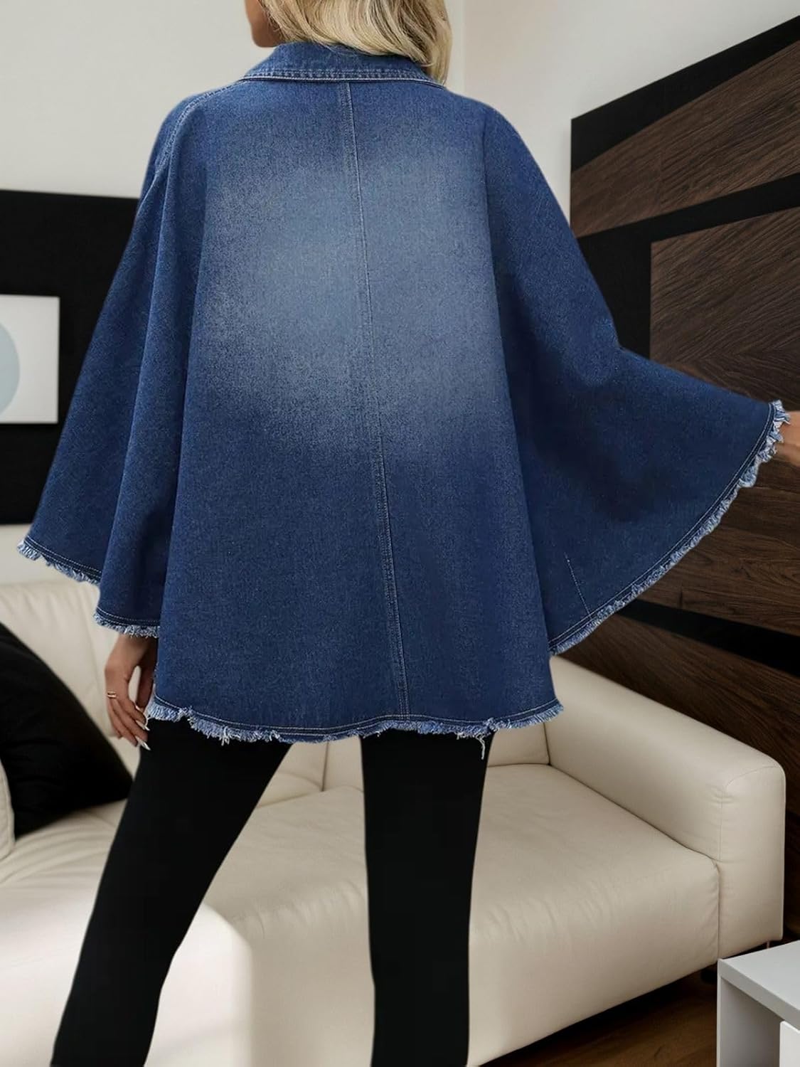 Women's Oversized Cape Jackets Collared Zip Up Frayed Raw Jean Coat Casual Loose Fit Tunic Top