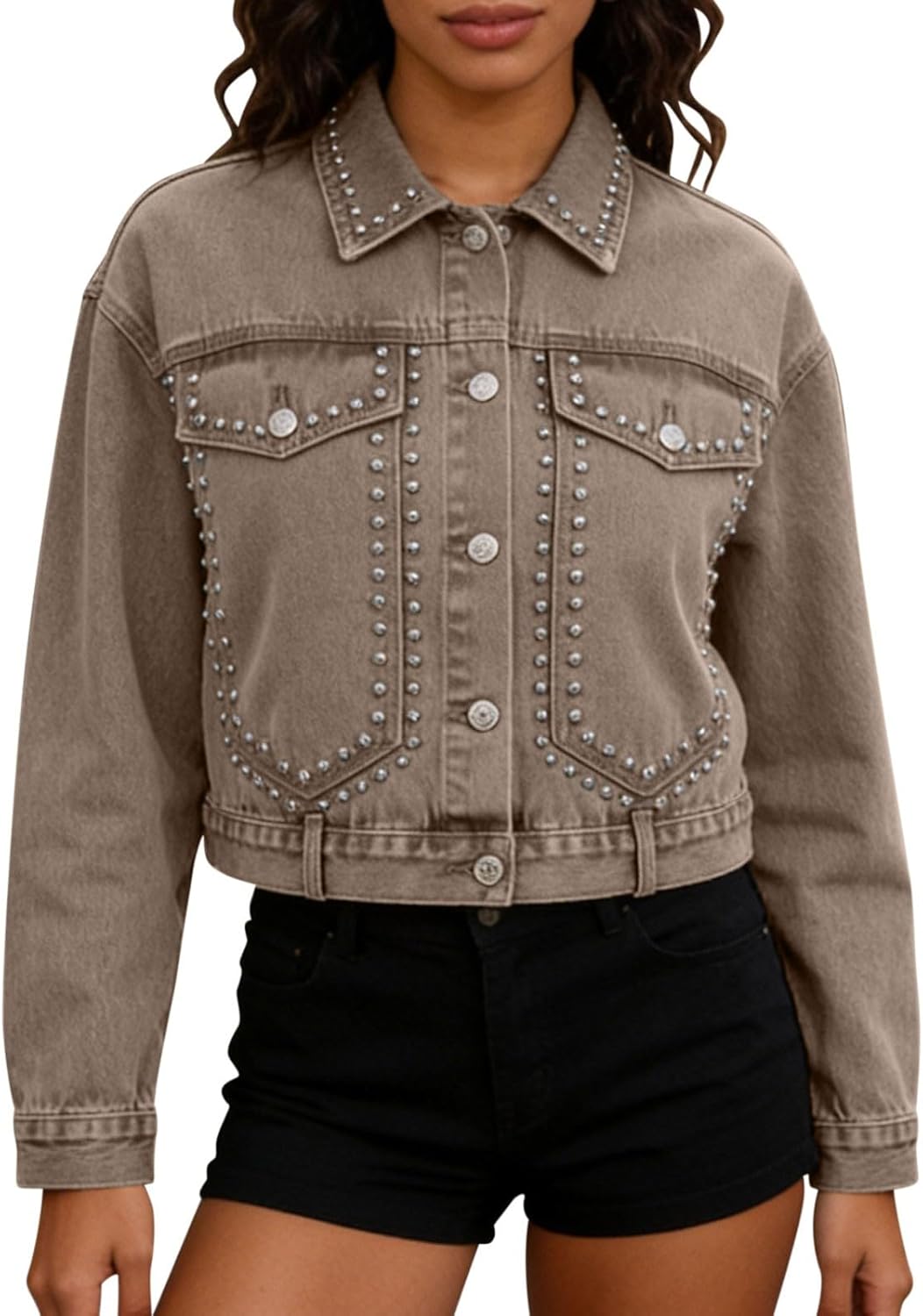 Women's Studded Cropped Jackets Y2K Casual Long Sleeve Distressed Punk Jacket Rivet Western Short Jean Coat Women's Studded Cropped Jackets Y2K Casual Long Sleeve Distressed Punk Jacket Rivet Western Short Jean Coat