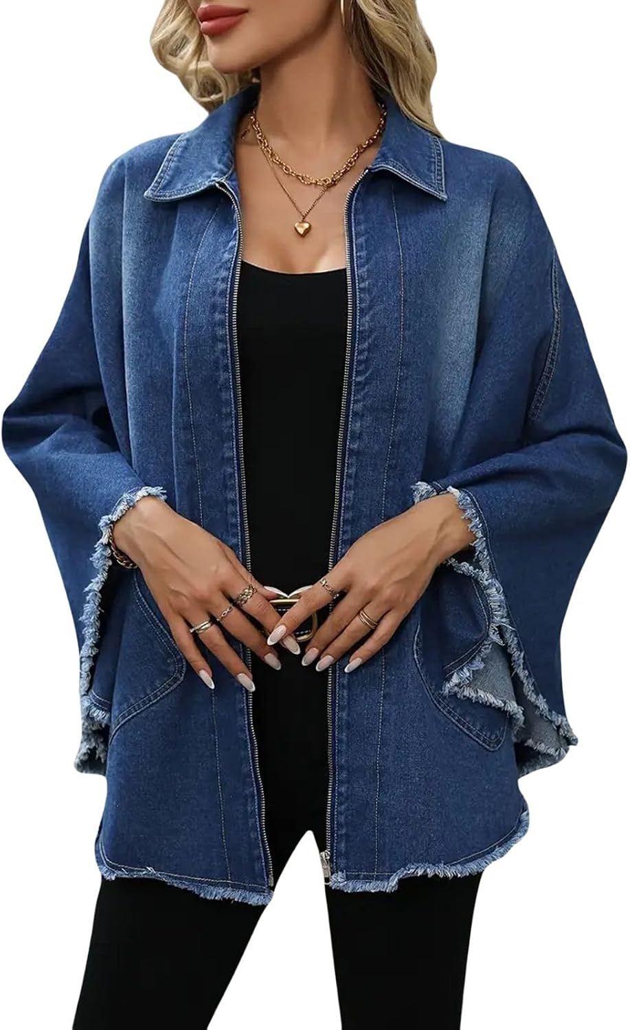 Women's Oversized Cape Jackets Collared Zip Up Frayed Raw Jean Coat Casual Loose Fit Tunic Top Women's Oversized Cape Jackets Collared Zip Up Frayed Raw Jean Coat Casual Loose Fit Tunic Top