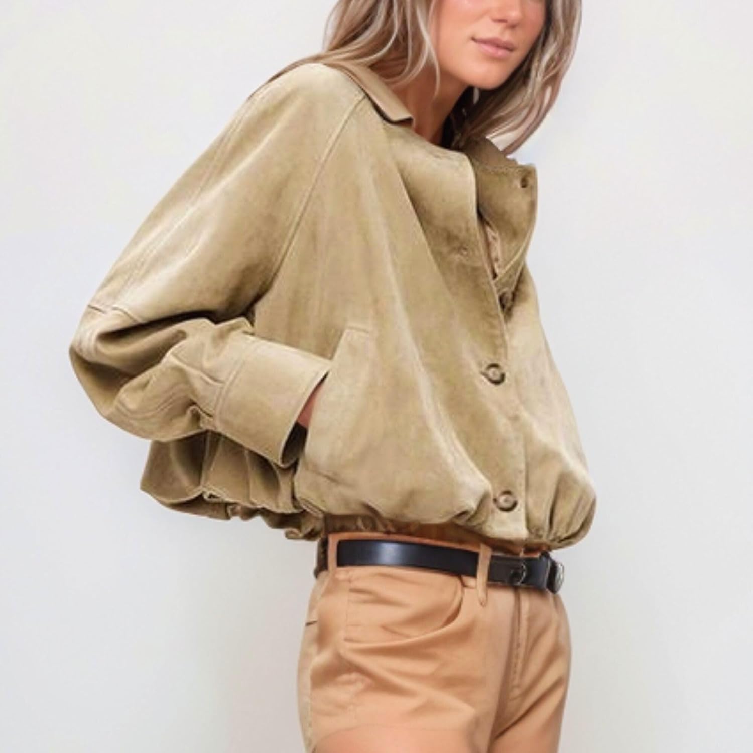 Women's Faux Suede Button Jacket Oversized Gathered Hem Short Length Coat Casual Vintage Outerwear with Pockets Women's Faux Suede Button Jacket Oversized Gathered Hem Short Length Coat Casual Vintage Outerwear with Pockets