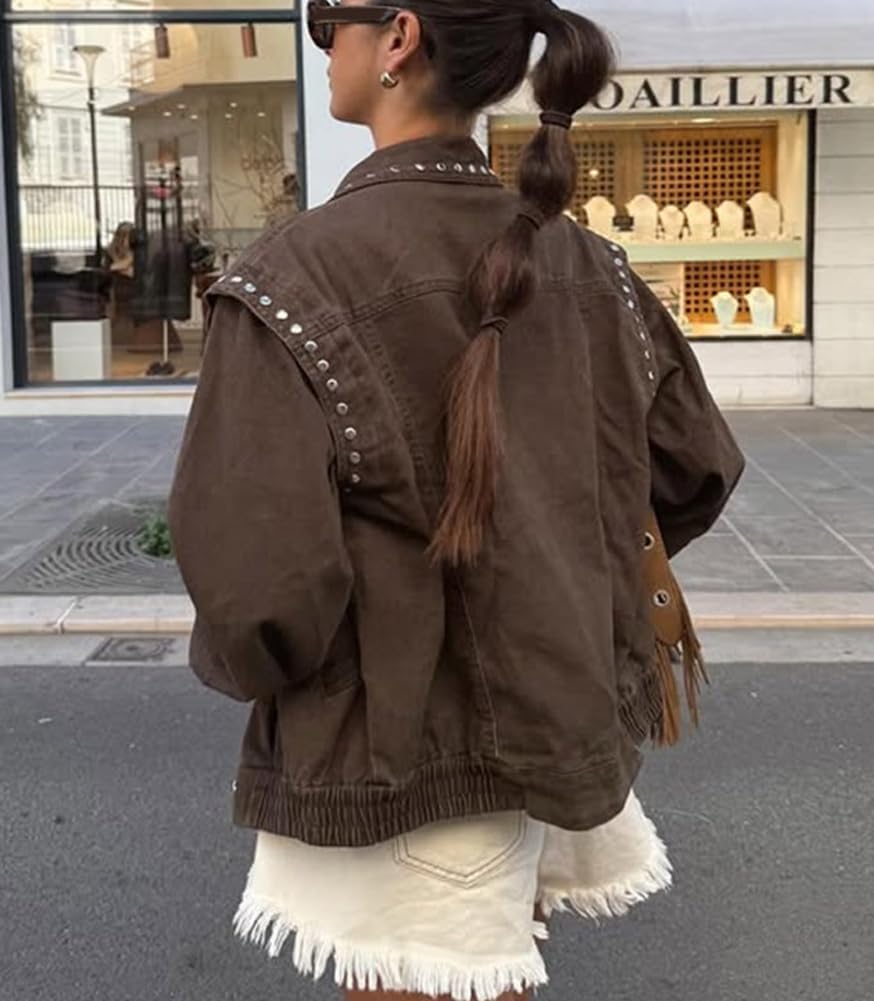 Women Fall Y2K Studded Oversized Jean Jacket Western Distressed Casual Bomber Jacket