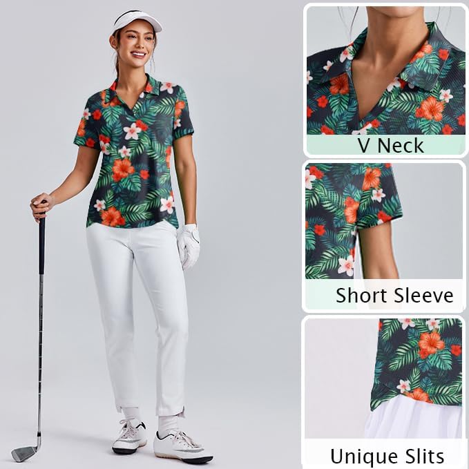 Womens Golf Shirt Short Sleeve Polo Shirts UPF 50+ Tennis Top V-Neck Workout Tops Collared Activewear T-Shirts