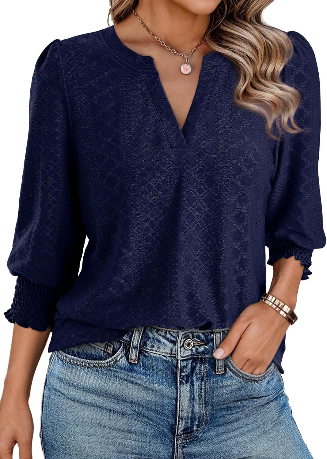 Womens Summer Hollow Out Blouses 3\/4 Length Sleeve Business Tops Dressy Casual V Neck Cute T-Shirts