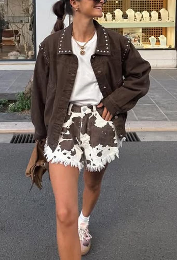 Women Fall Y2K Studded Oversized Jean Jacket Western Distressed Casual Bomber Jacket