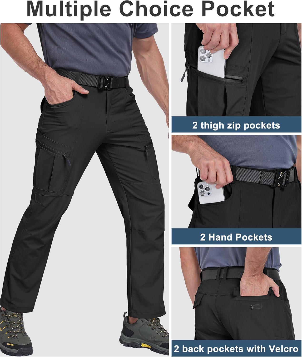 Mens Hiking Pants Waterproof Cargo Work Pants Lightweight Nylon Quick Dry Outdoor Travel Pants 6 Pockets