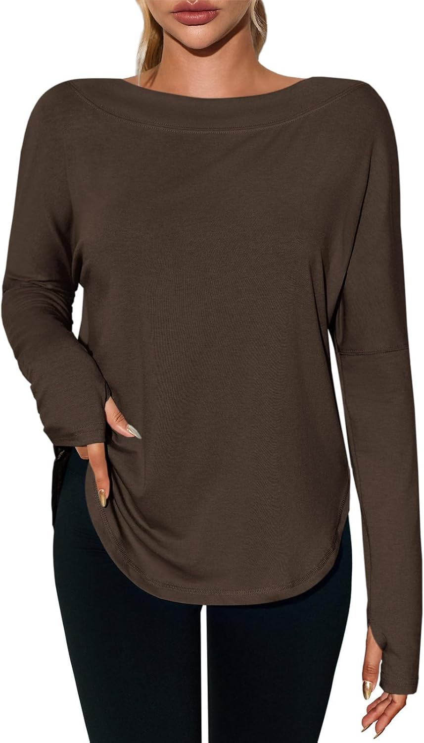 Womens Open Back Workout Shirts Casual Long Sleeve Boat Neck Tops Athletic Gym Yoga Tees with Thumb Holes