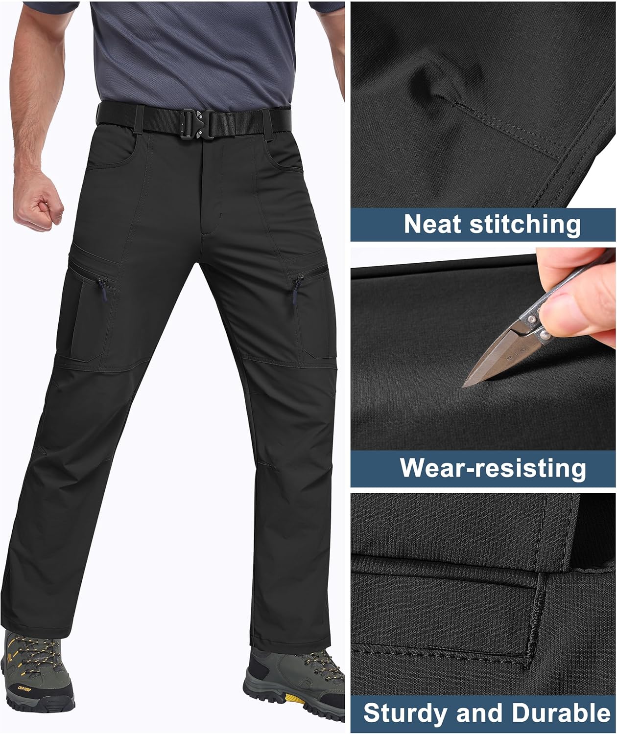 Mens Hiking Pants Waterproof Cargo Work Pants Lightweight Nylon Quick Dry Outdoor Travel Pants 6 Pockets