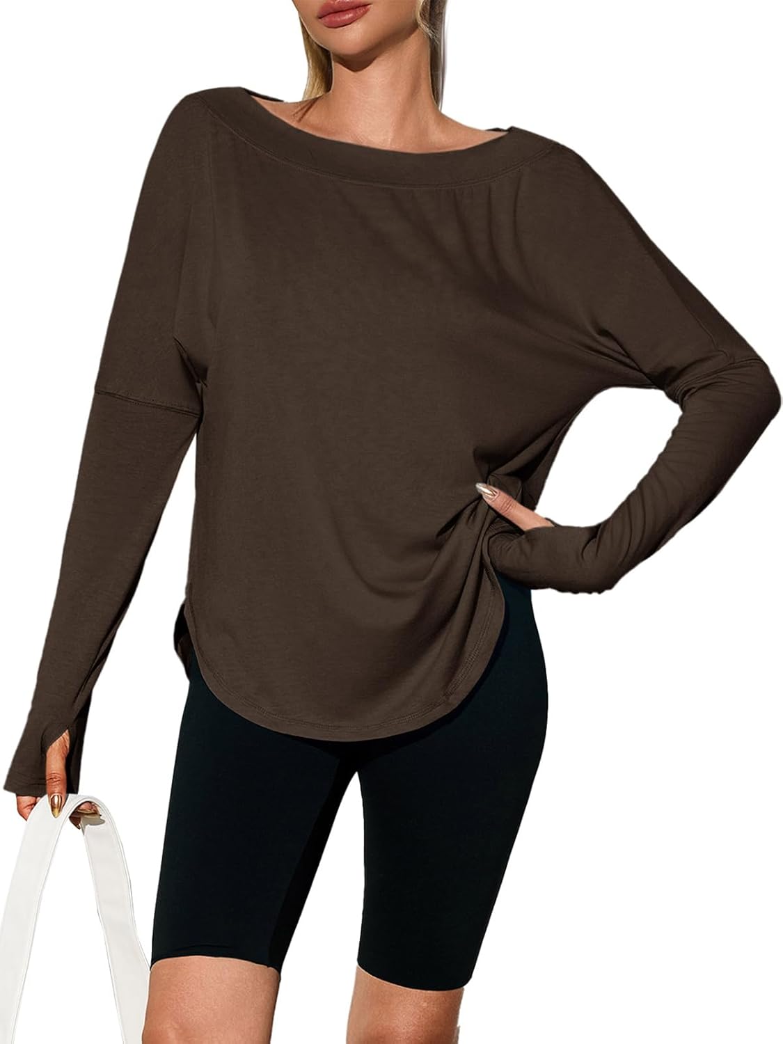 Womens Open Back Workout Shirts Casual Long Sleeve Boat Neck Tops Athletic Gym Yoga Tees with Thumb Holes