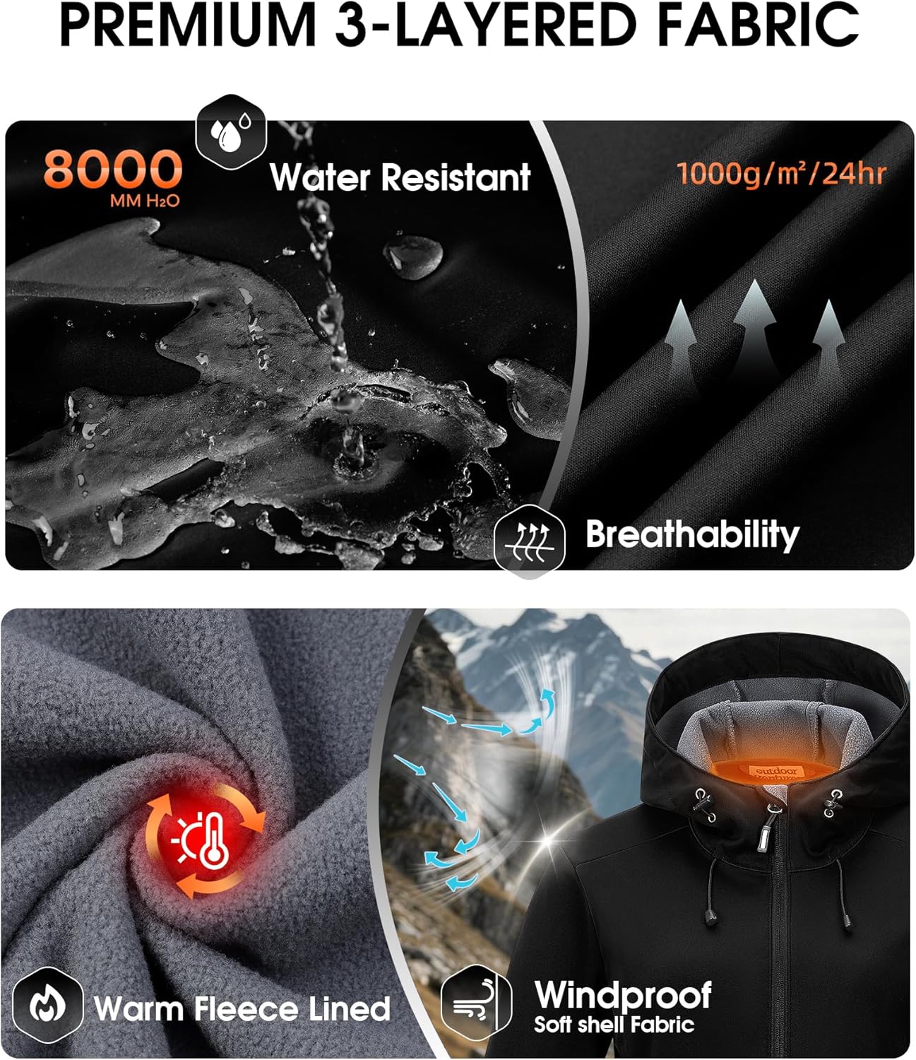 Women's Softshell Jacket Waterproof Warm Fleece Lined Lightweight Windproof Hooded Insulated Windbreaker