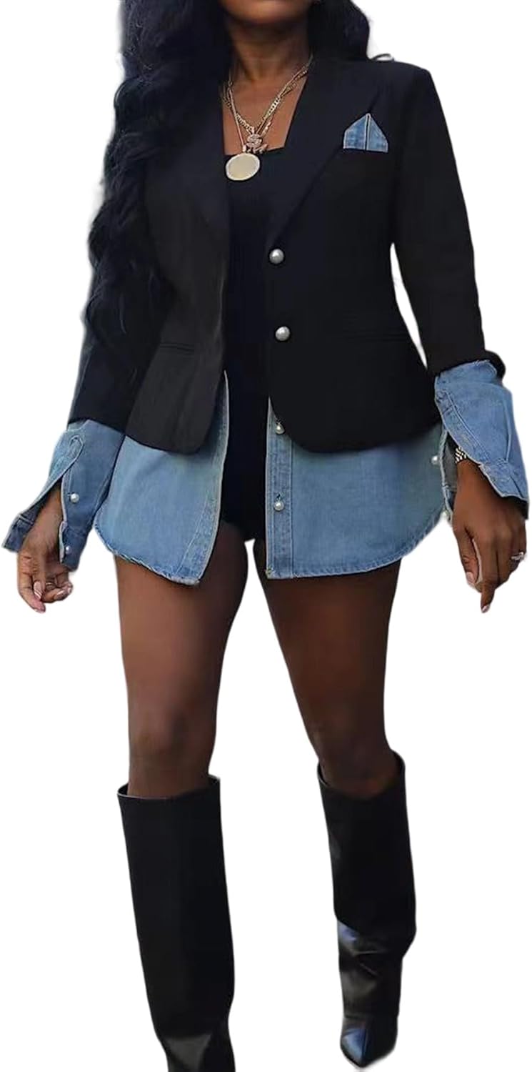 Women's Blazer Jacket Casual Patchwork Long Sleeve Top Open Front Jean Jackets Women's Blazer Jacket Casual Patchwork Long Sleeve Top Open Front Jean Jackets