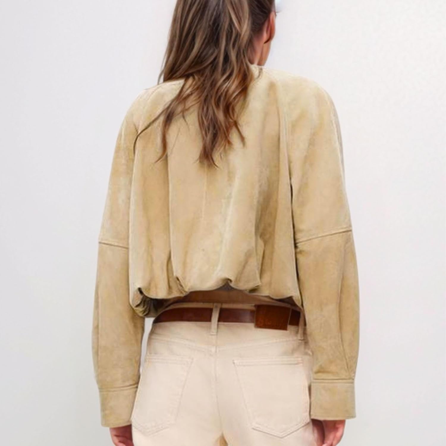 Women's Faux Suede Button Jacket Oversized Gathered Hem Short Length Coat Casual Vintage Outerwear with Pockets Women's Faux Suede Button Jacket Oversized Gathered Hem Short Length Coat Casual Vintage Outerwear with Pockets